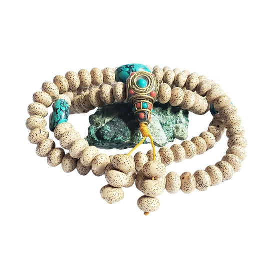 Tibetan Lotus Seed Mala, Natural Turquoise as Spacer