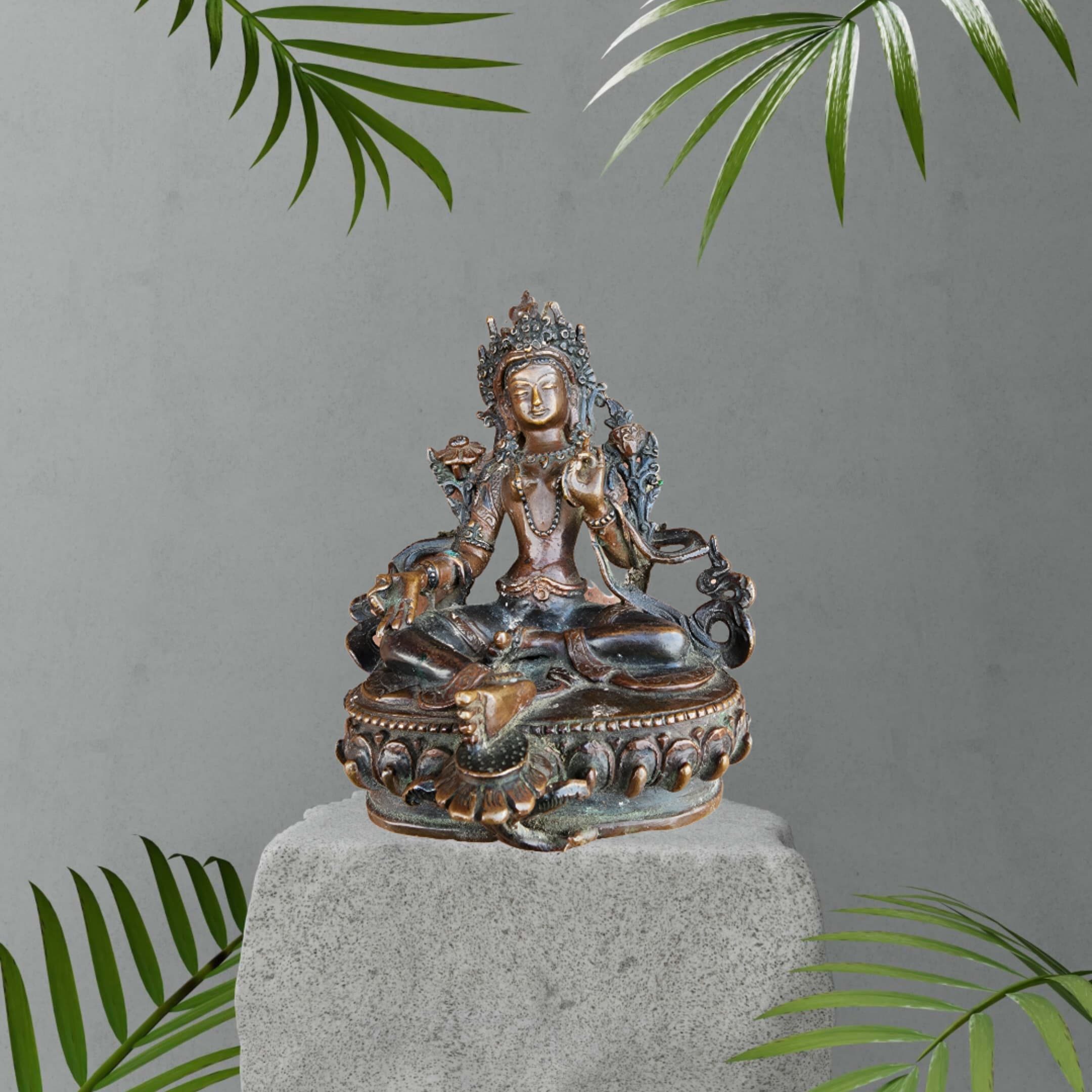 Handcrafted Brass Green Tara Statue: Buddhist Meditation Idol