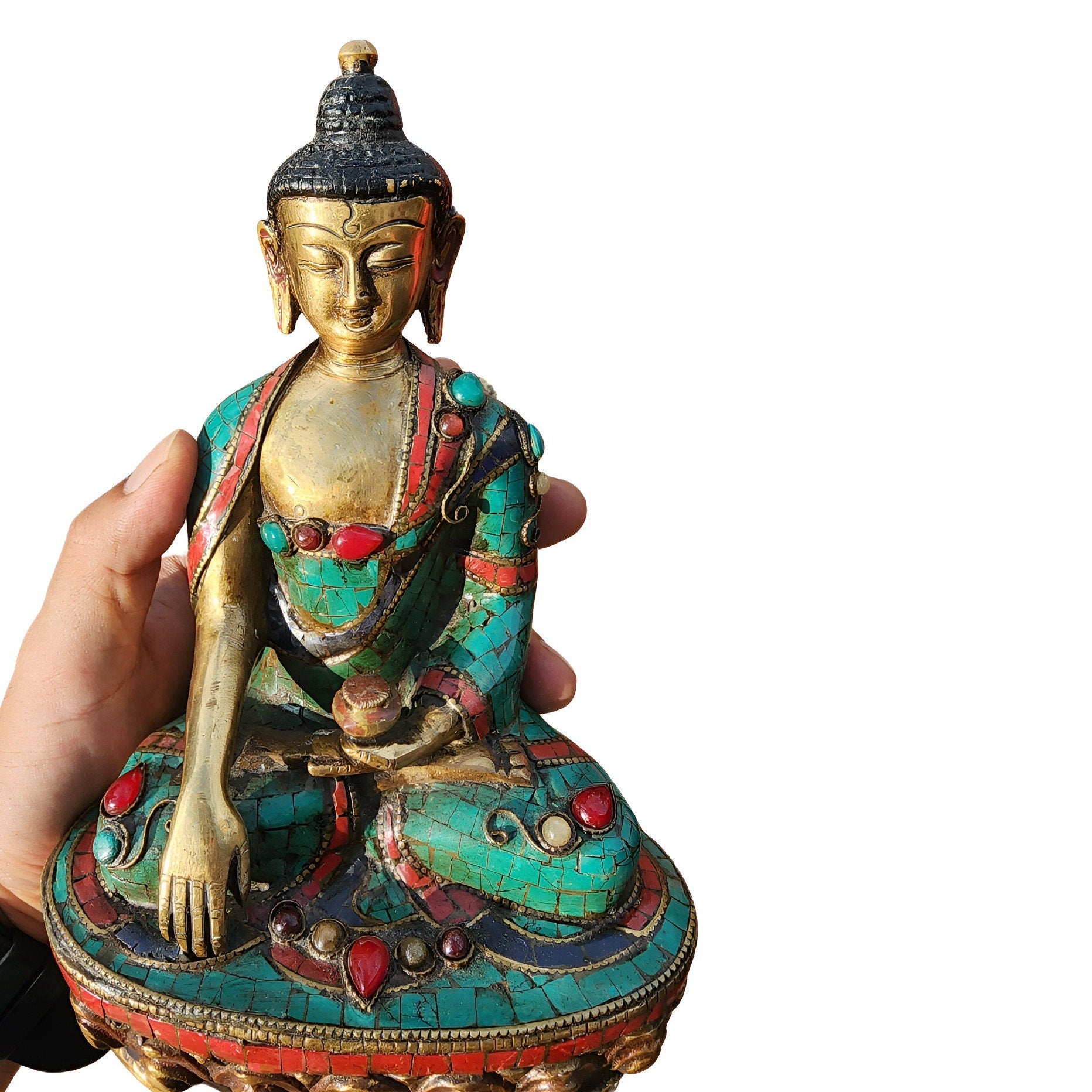 Handmade Brass Buddha Statue: Natural Stone Engraving Zen Decor