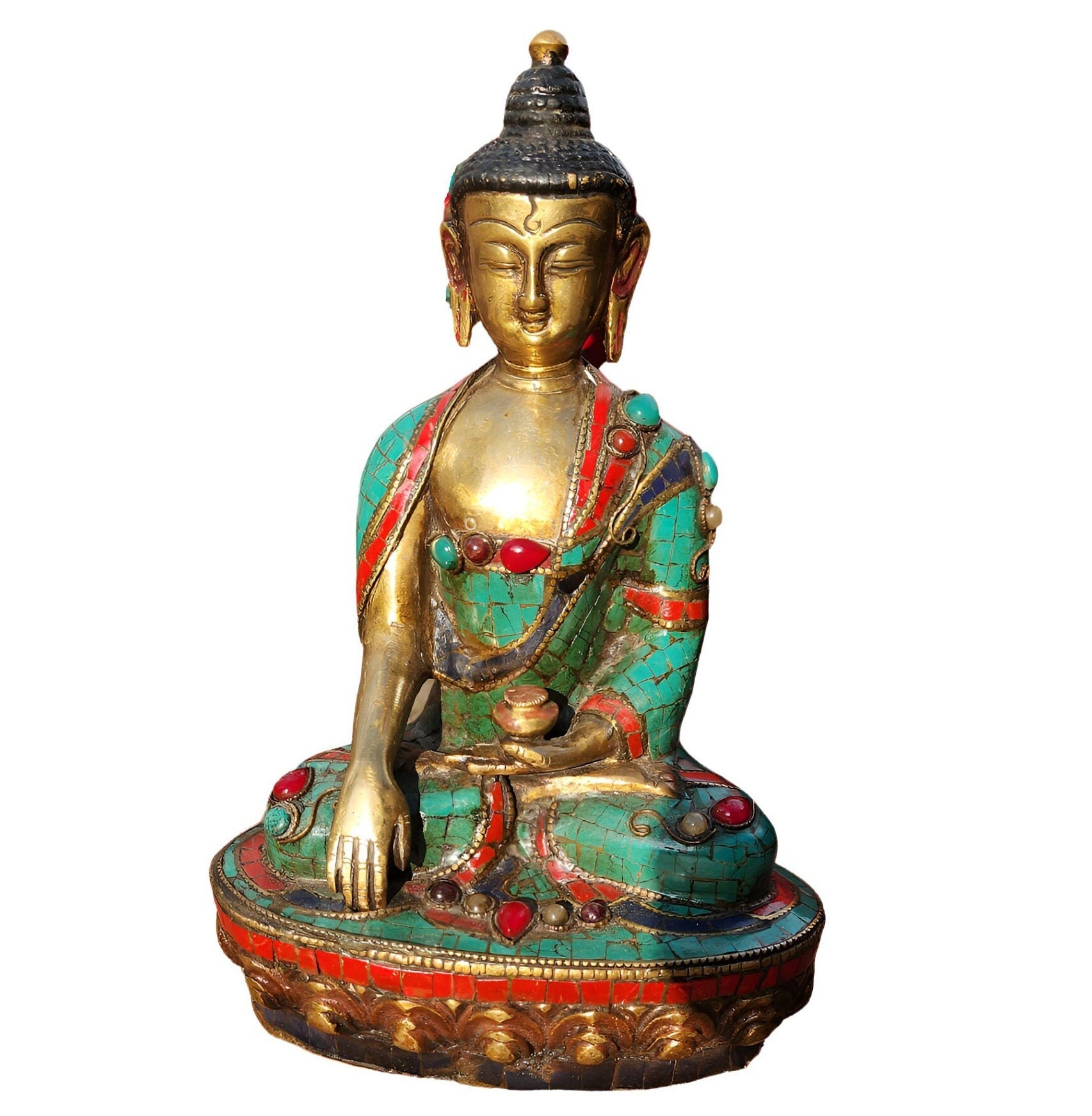 Handmade Brass Buddha Statue: Natural Stone Engraving Zen Decor