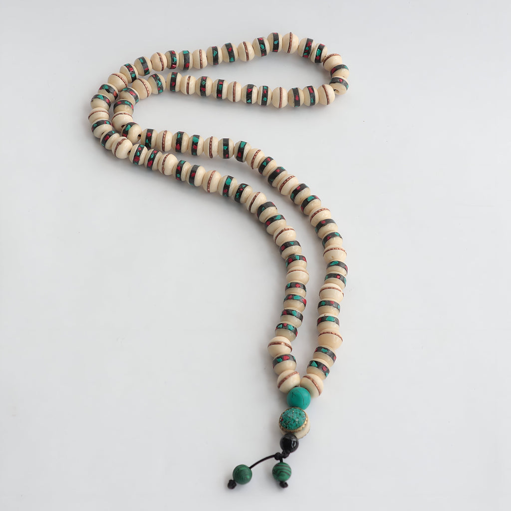 Handmade Bone Mala Necklace: Chakra Stones, Tibetan Buddhist Prayer Beads