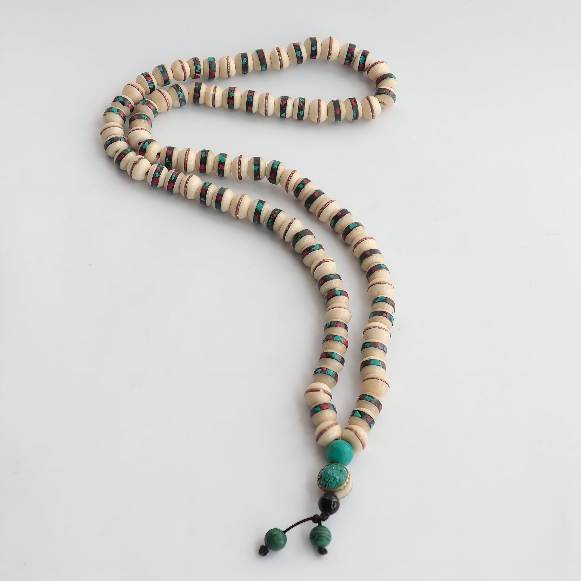 Handmade Bone Mala Necklace: Chakra Stones, Tibetan Buddhist Prayer Beads