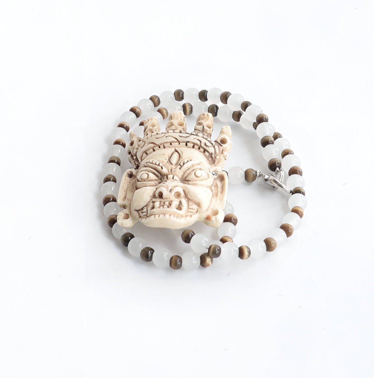 Bhairav Locket Choker: Hand-Knotted Monalisa Moonlight Beads, Spiritual Protection Necklace