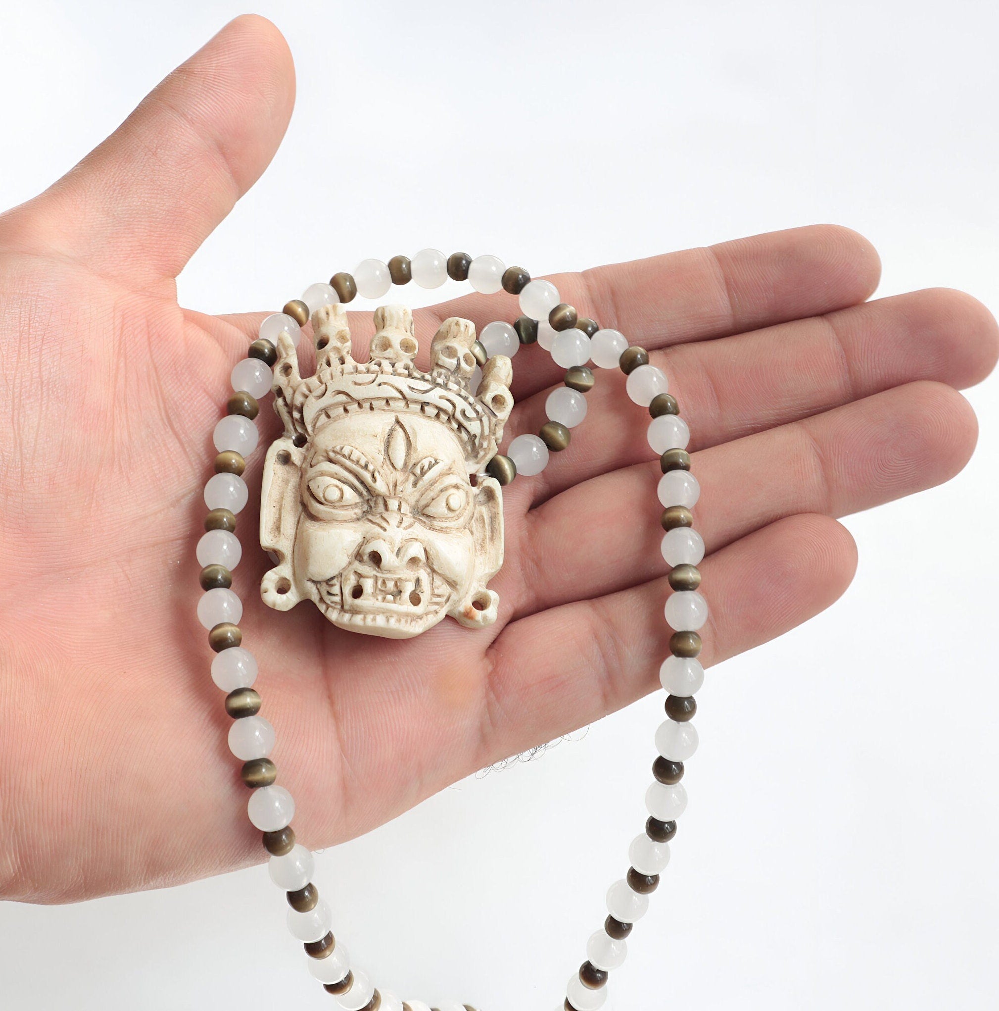 Bhairav Locket Choker: Hand-Knotted Monalisa Moonlight Beads, Spiritual Protection Necklace