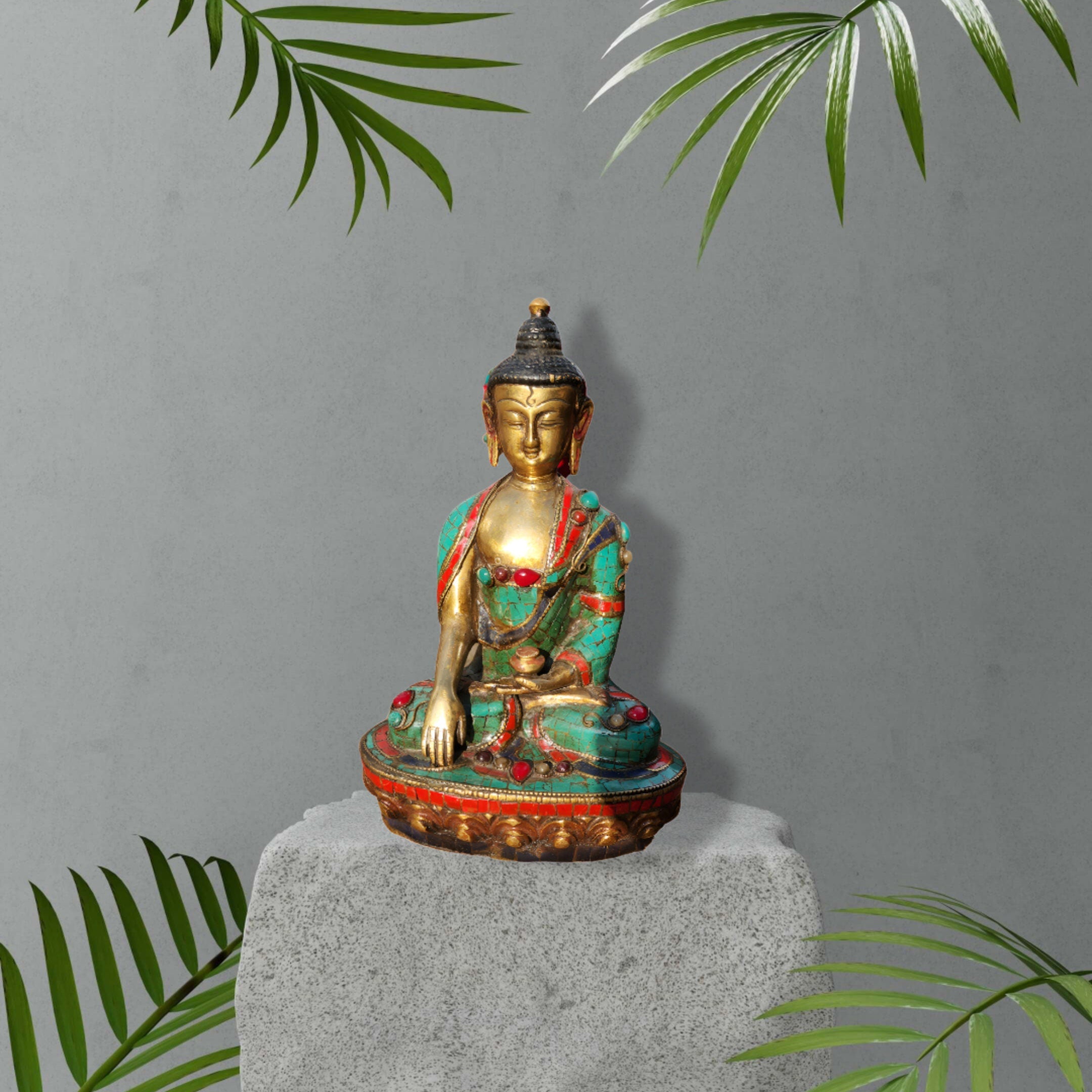 Handmade Brass Buddha Statue: Natural Stone Engraving Zen Decor