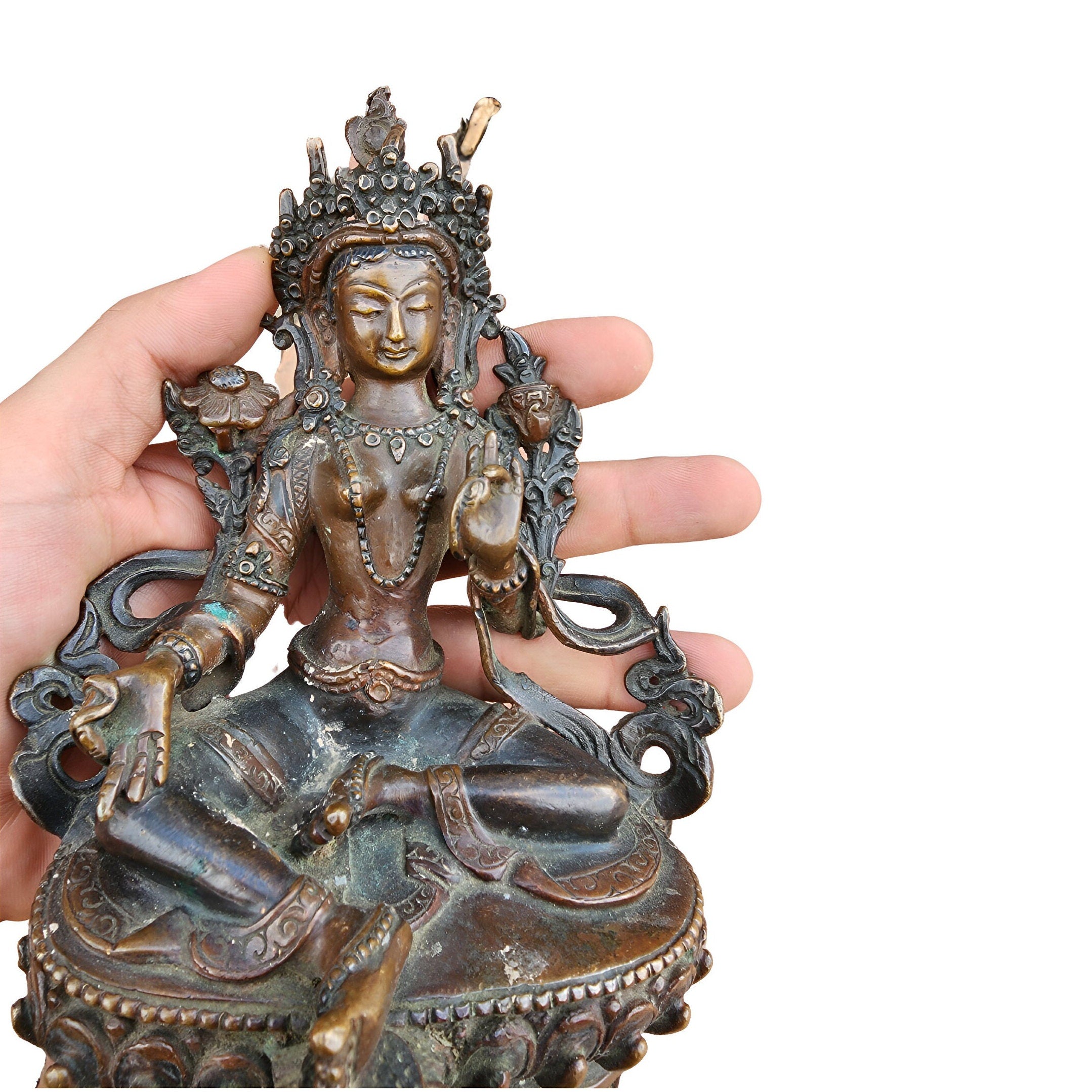 Handcrafted Brass Green Tara Statue: Buddhist Meditation Idol