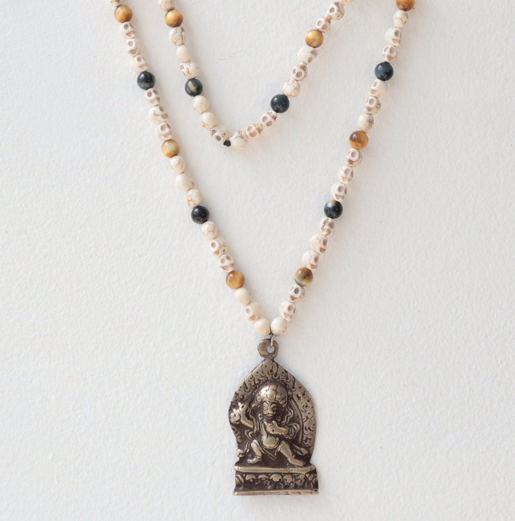 Vintage Bhairav Pendant: Skull & Tiger Eye Kali Mala, Protection Necklace