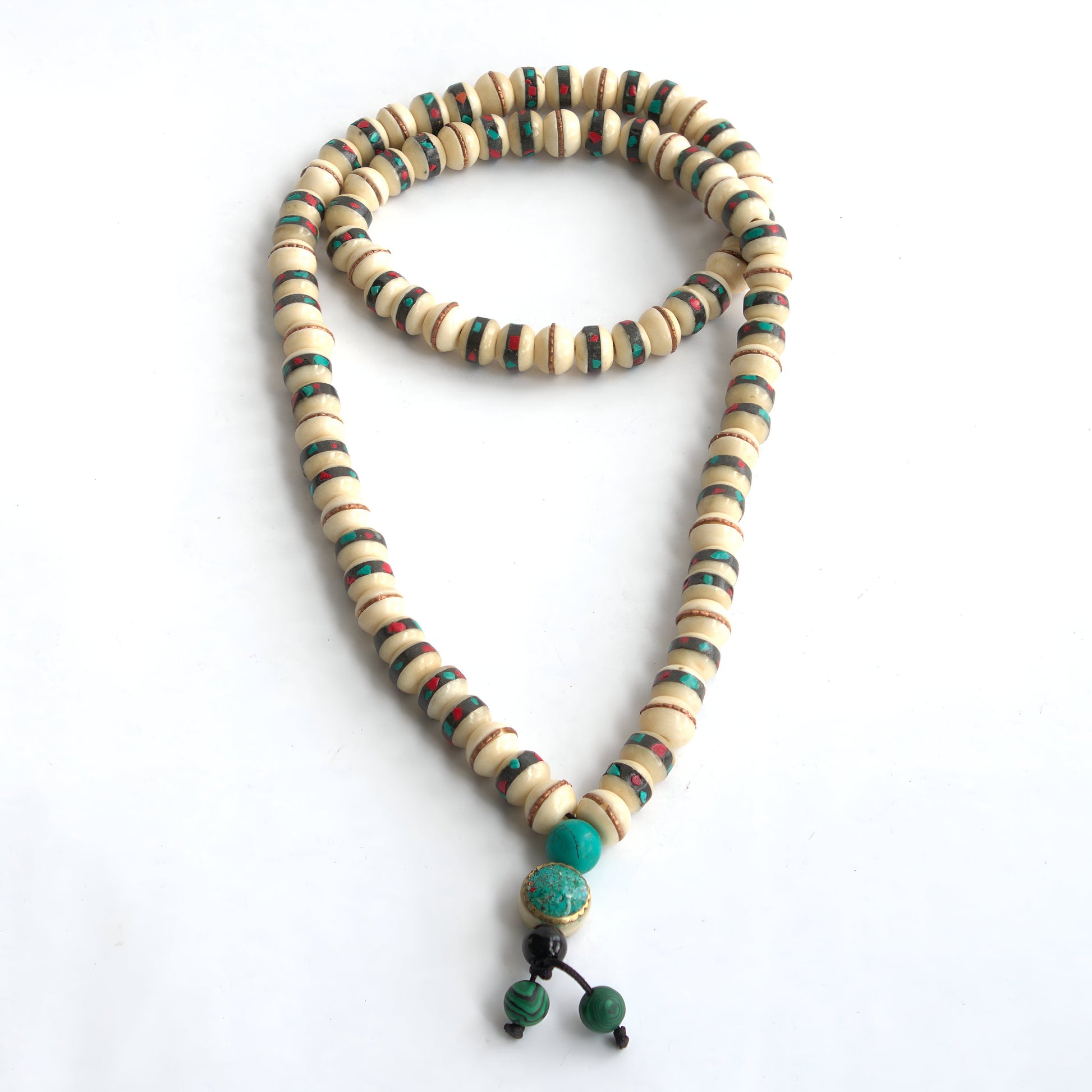 Handmade Bone Mala Necklace: Chakra Stones, Tibetan Buddhist Prayer Beads