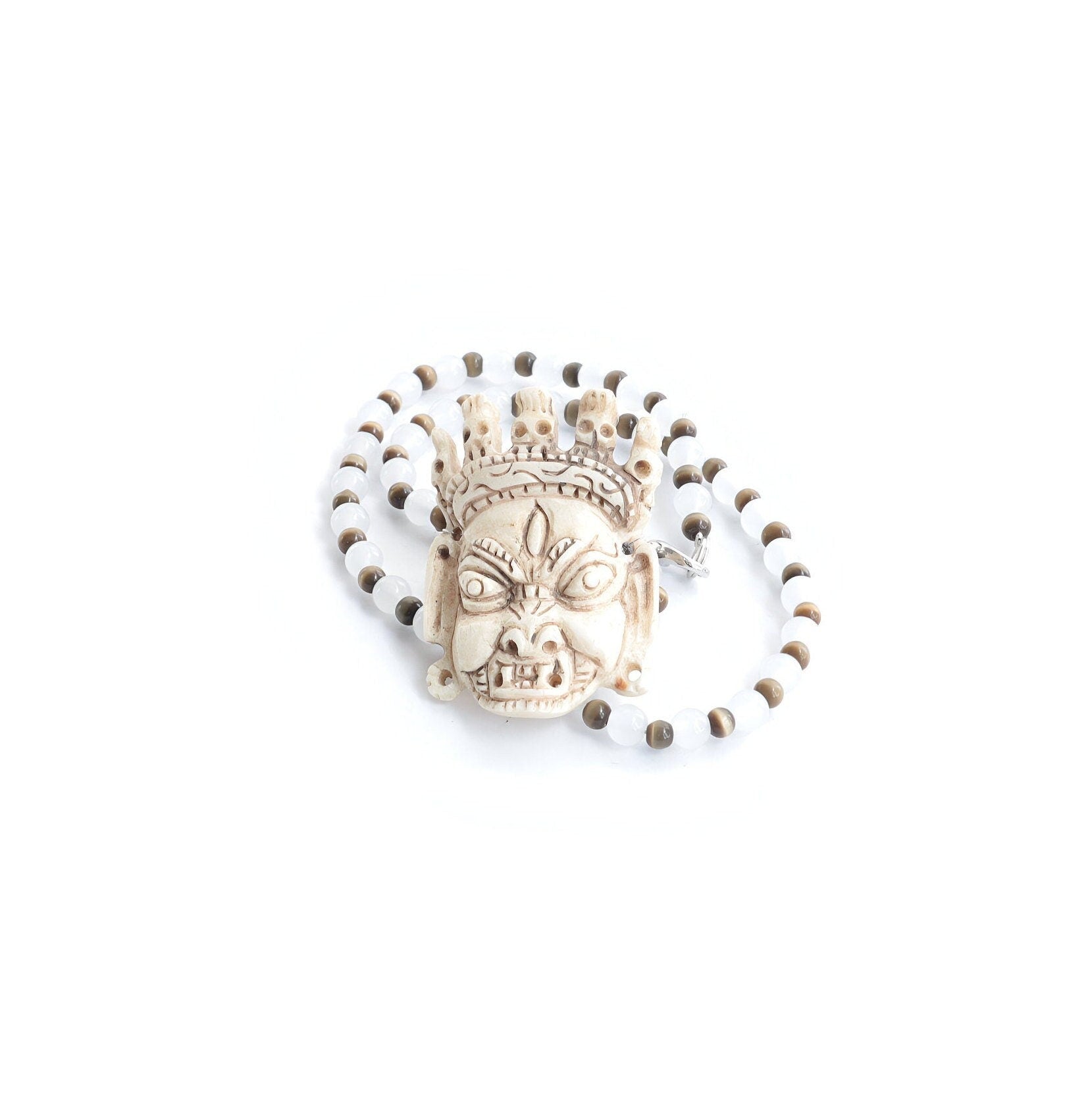 Bhairav Locket Choker: Hand-Knotted Monalisa Moonlight Beads, Spiritual Protection Necklace