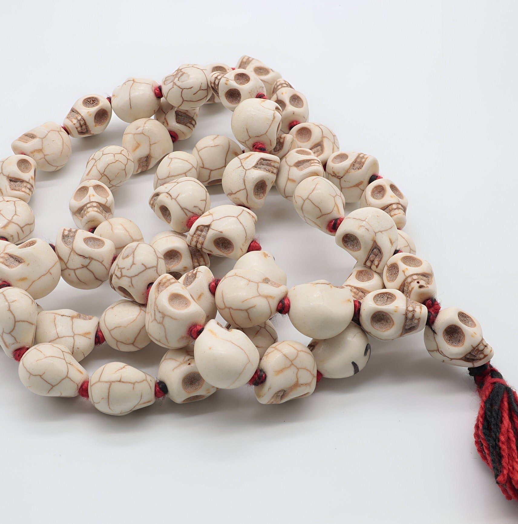Sacred Kali Skull Mala Necklace: Howlite Stone, Hand-Knotted Meditation Rosary