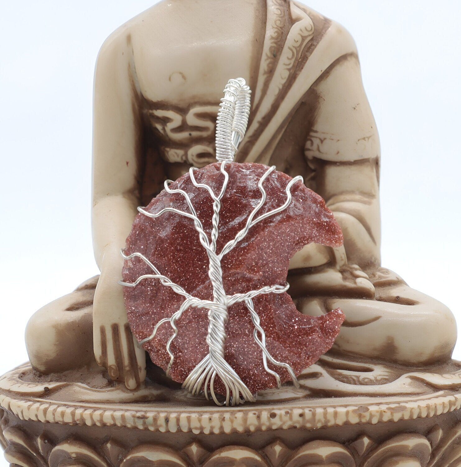 Sunstone Half Moon Pendant: Tree of Life, Natural Stone