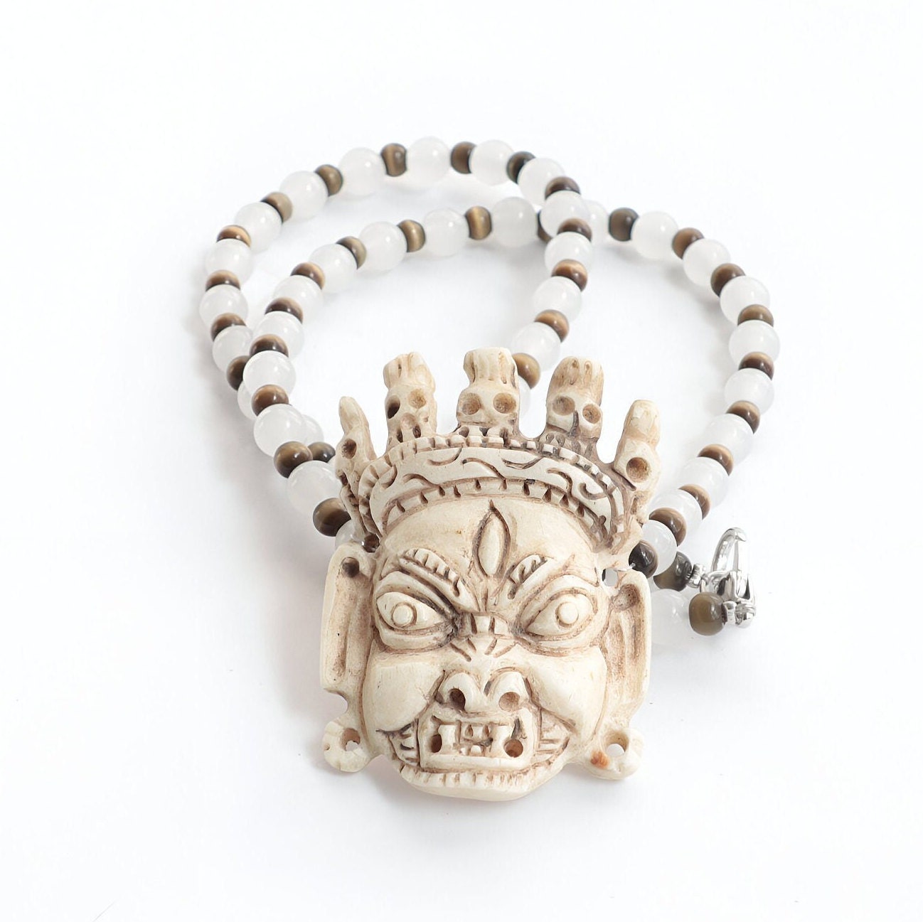 Bhairav Locket Choker: Hand-Knotted Monalisa Moonlight Beads, Spiritual Protection Necklace