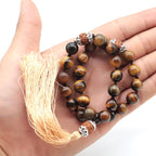 Tiger Eye Rudraksha Mala: Knotted Travel Prayer Beads with Silk Tassel