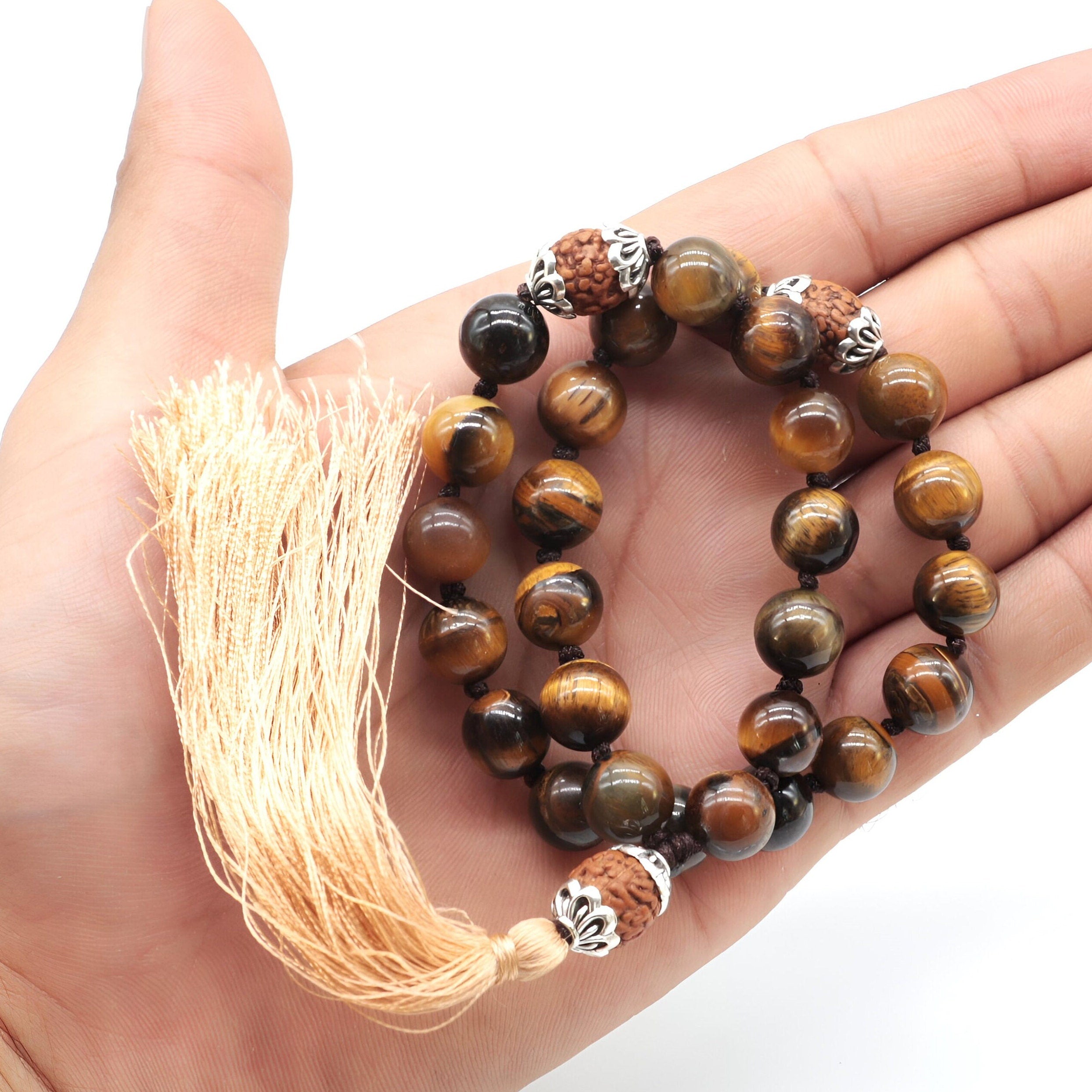 Tiger Eye Rudraksha Mala: Knotted Travel Prayer Beads with Silk Tassel
