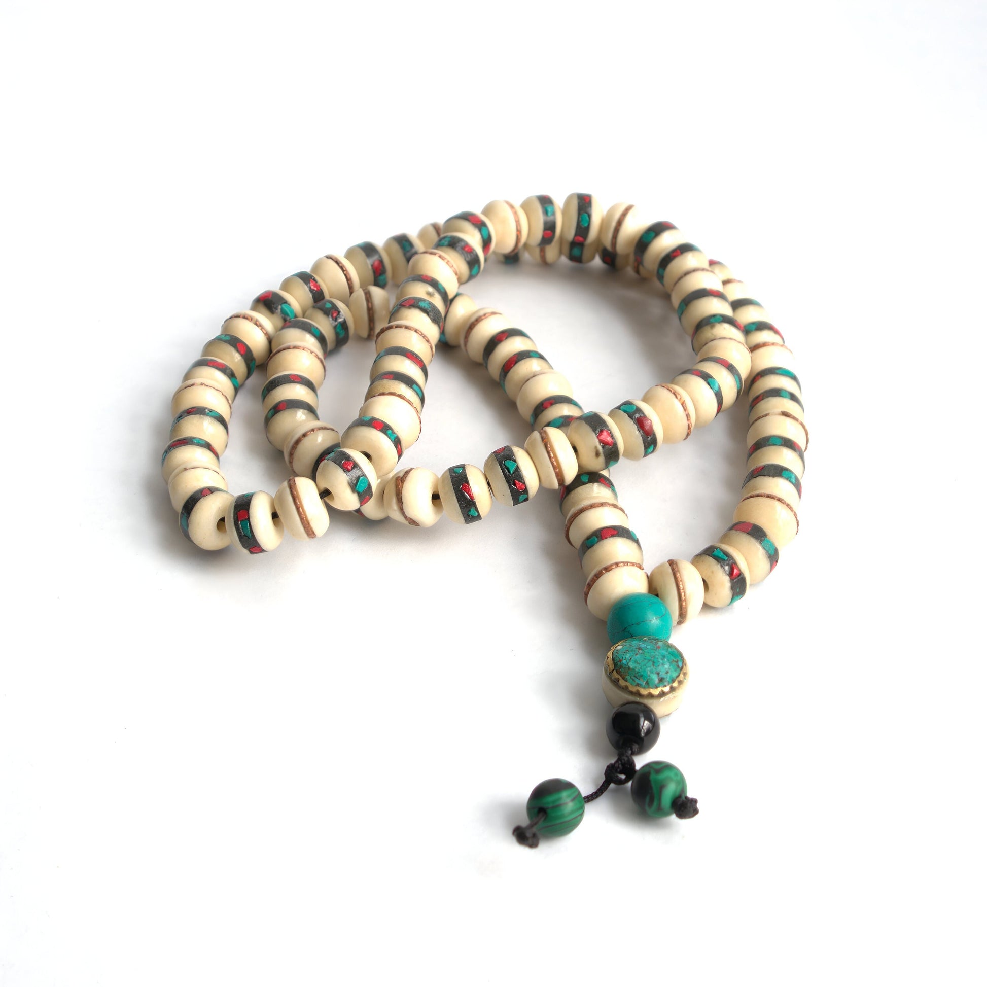 Handmade Bone Mala Necklace: Chakra Stones, Tibetan Buddhist Prayer Beads