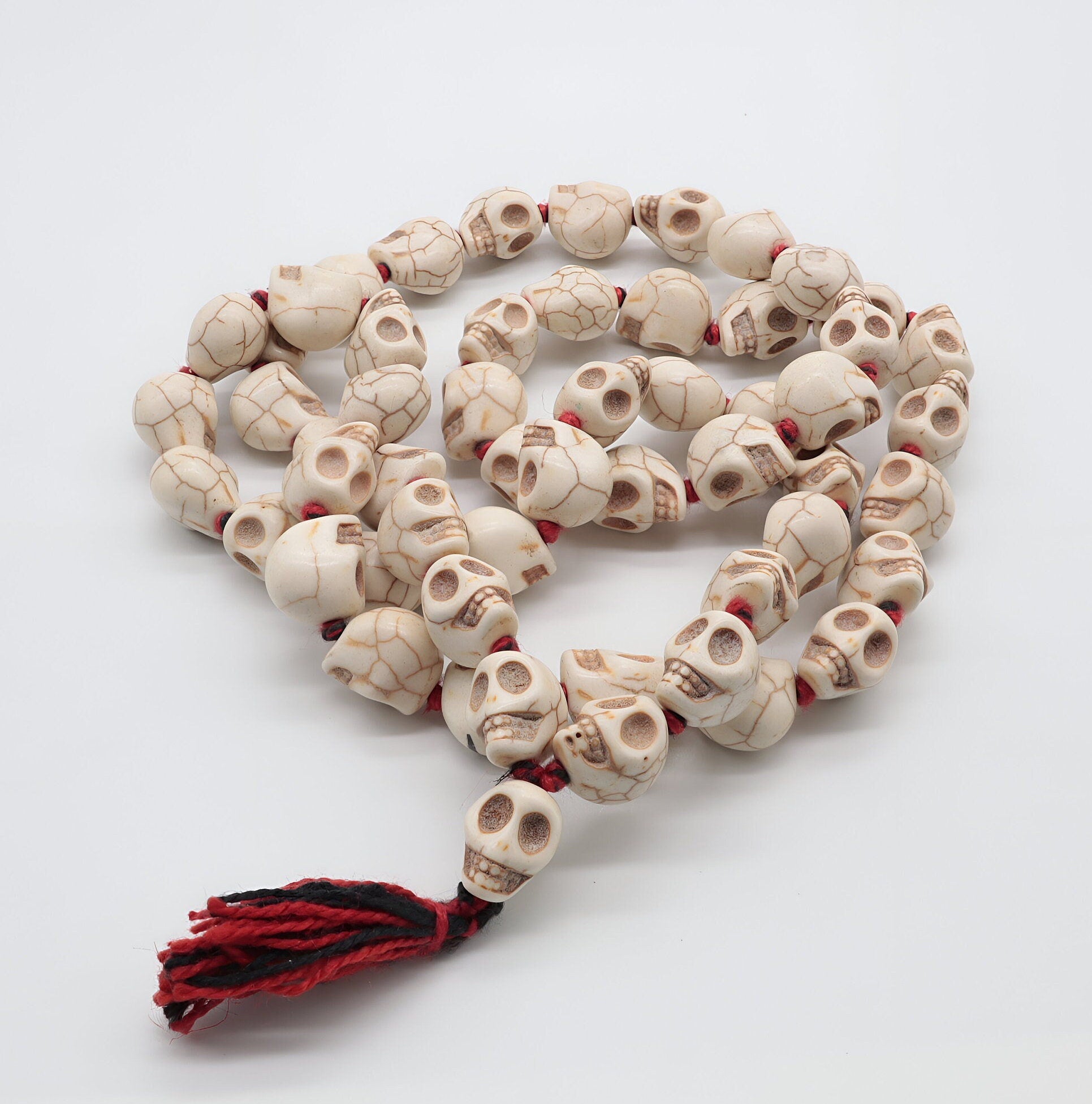 Sacred Kali Skull Mala Necklace: Howlite Stone, Hand-Knotted Meditation Rosary