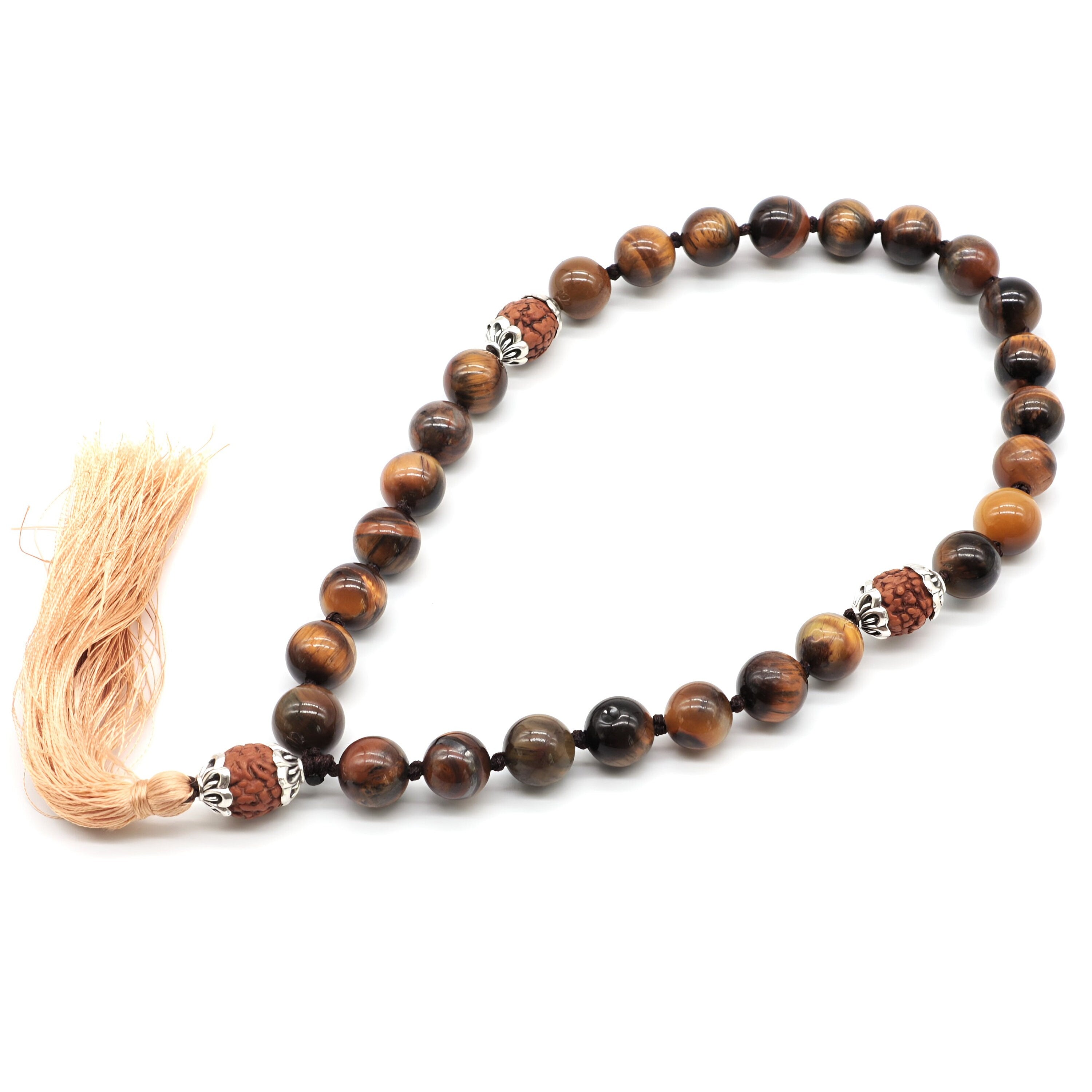 Tiger Eye Rudraksha Mala: Knotted Travel Prayer Beads with Silk Tassel