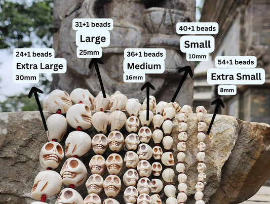 Skull malas in four sizes: Extra Large 30mm, Large 25mm, Medium 16mm, and Small 10mm.