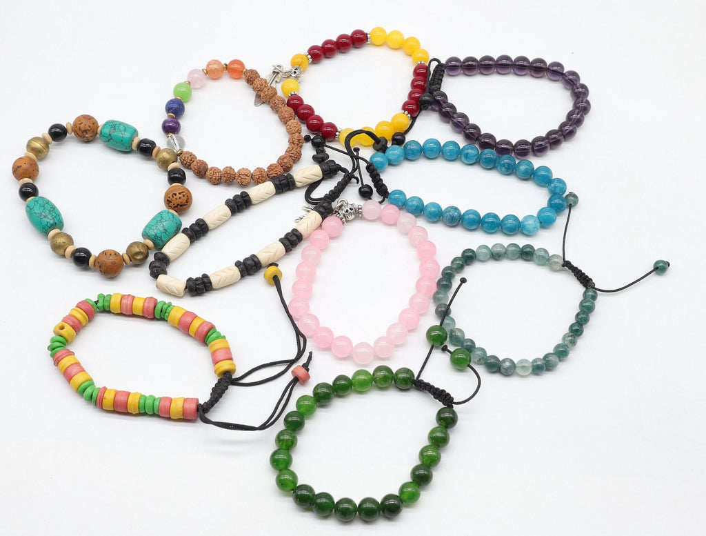 Set of 10 Handmade Crystal Healing Bracelets: Adjustable Boho Energy Jewelry
