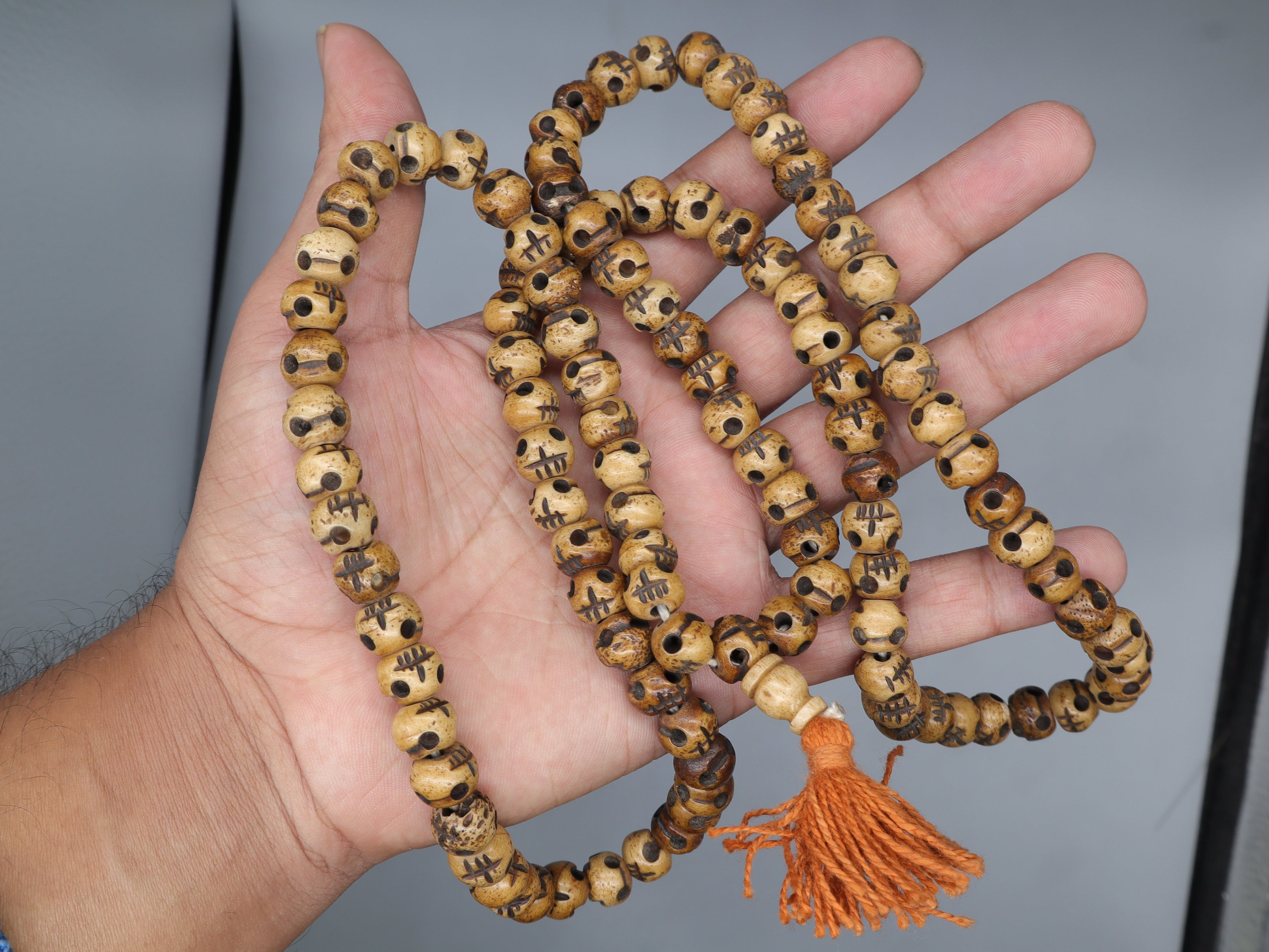 Tibetan Hand Carved Skull Bead Mala: Tibetan Bone Prayer Beads