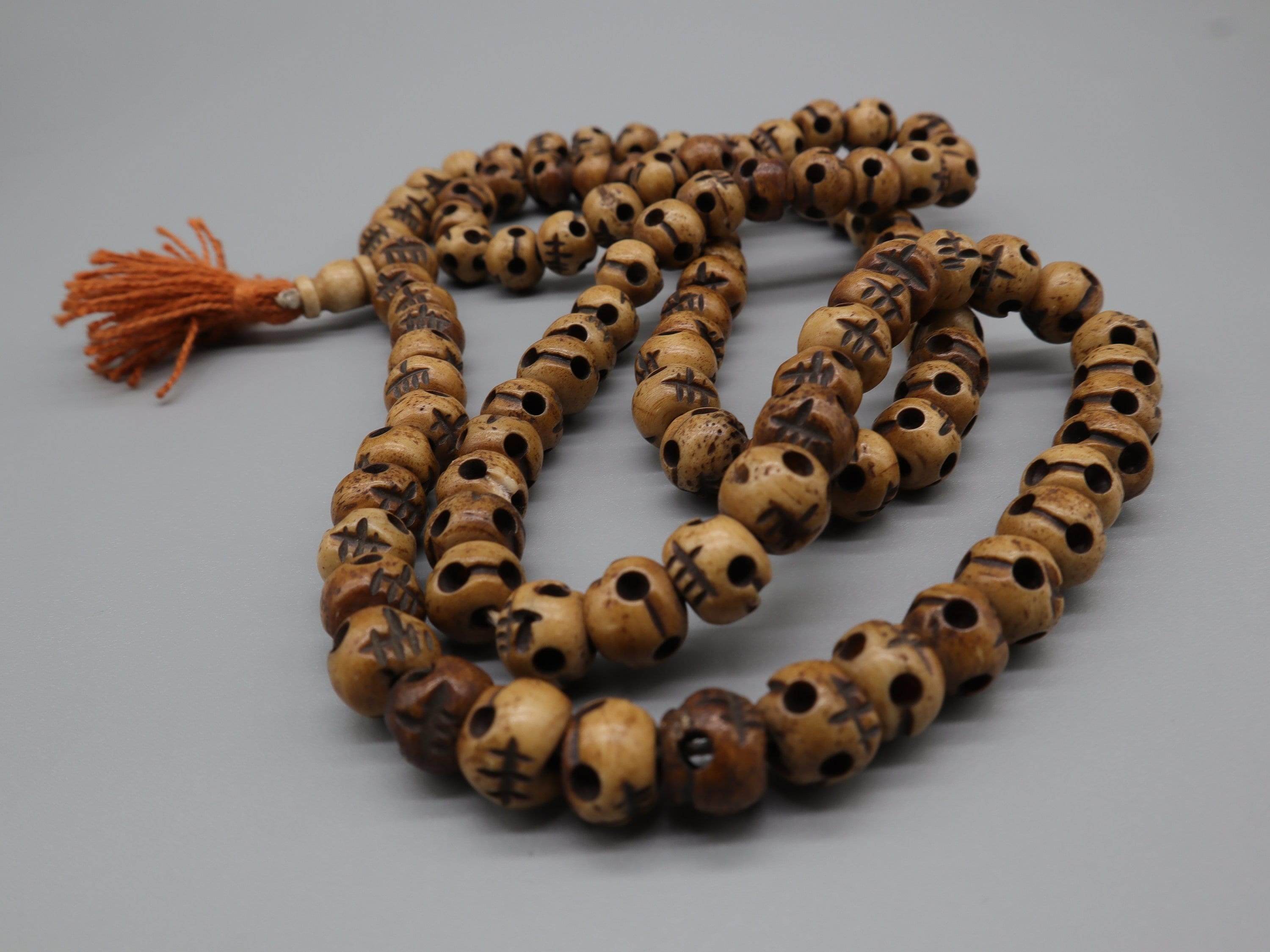 Tibetan Hand Carved Skull Bead Mala: Tibetan Bone Prayer Beads