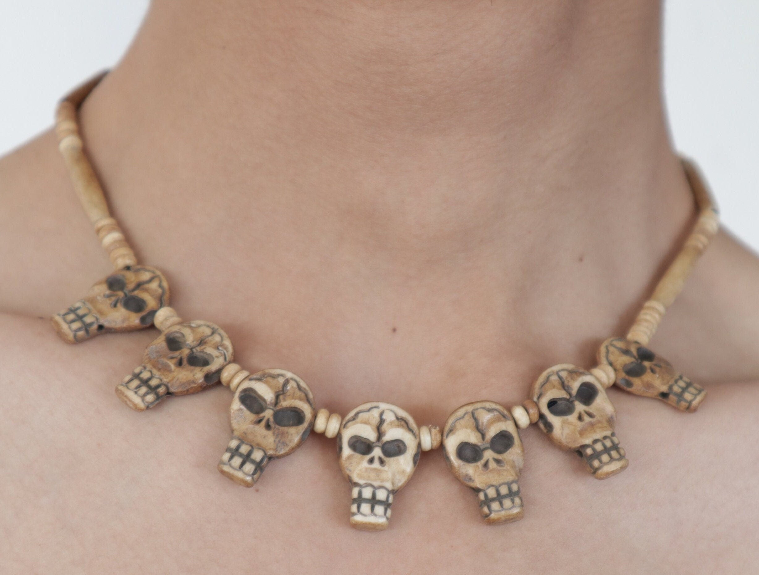Handmade Bone Skull Choker & Bracelet Set: Spiritual Boho Gothic Jewelry
