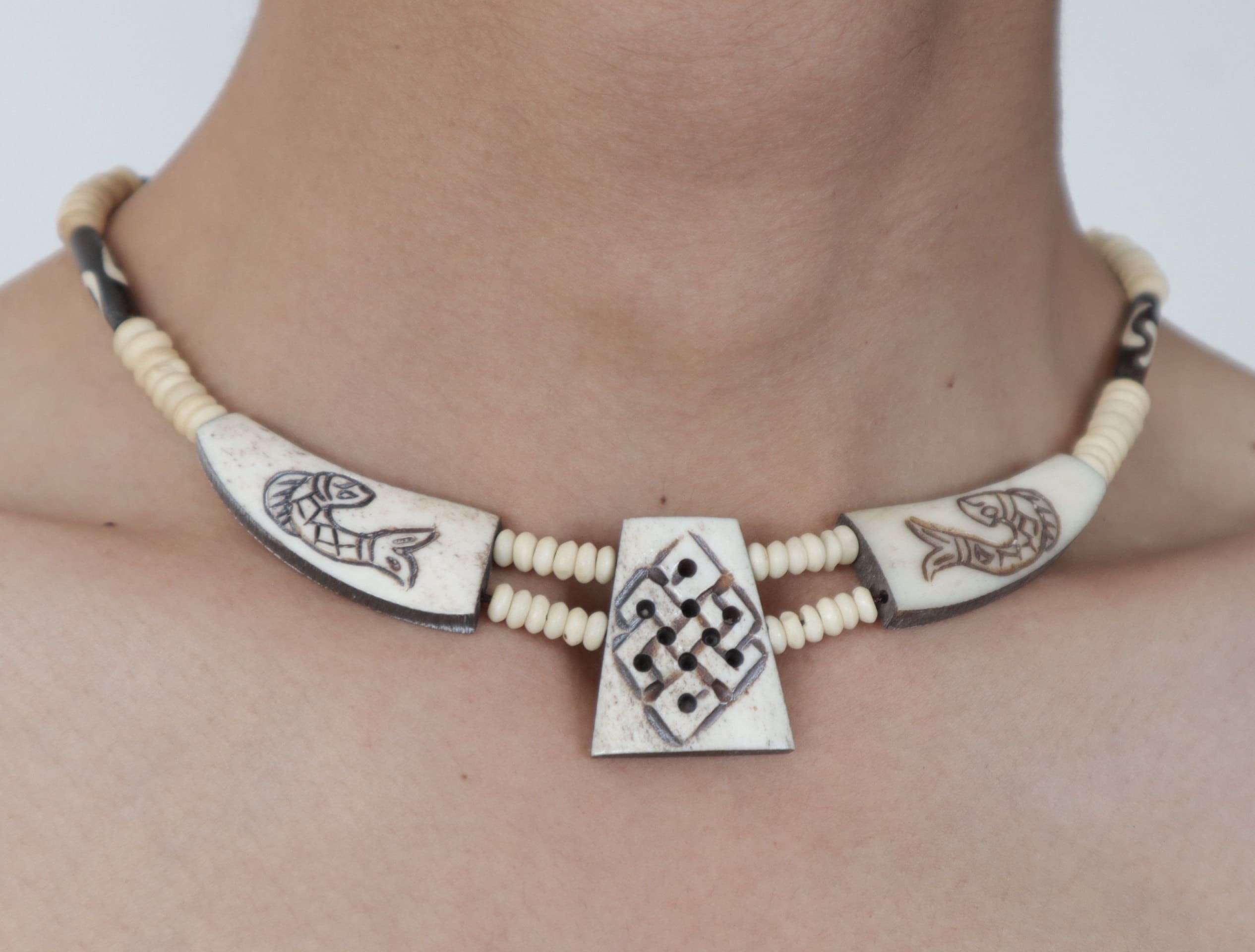 Tibetan Yak Bone Necklace Bracelet Set: Hand Carved Boho Jewelry