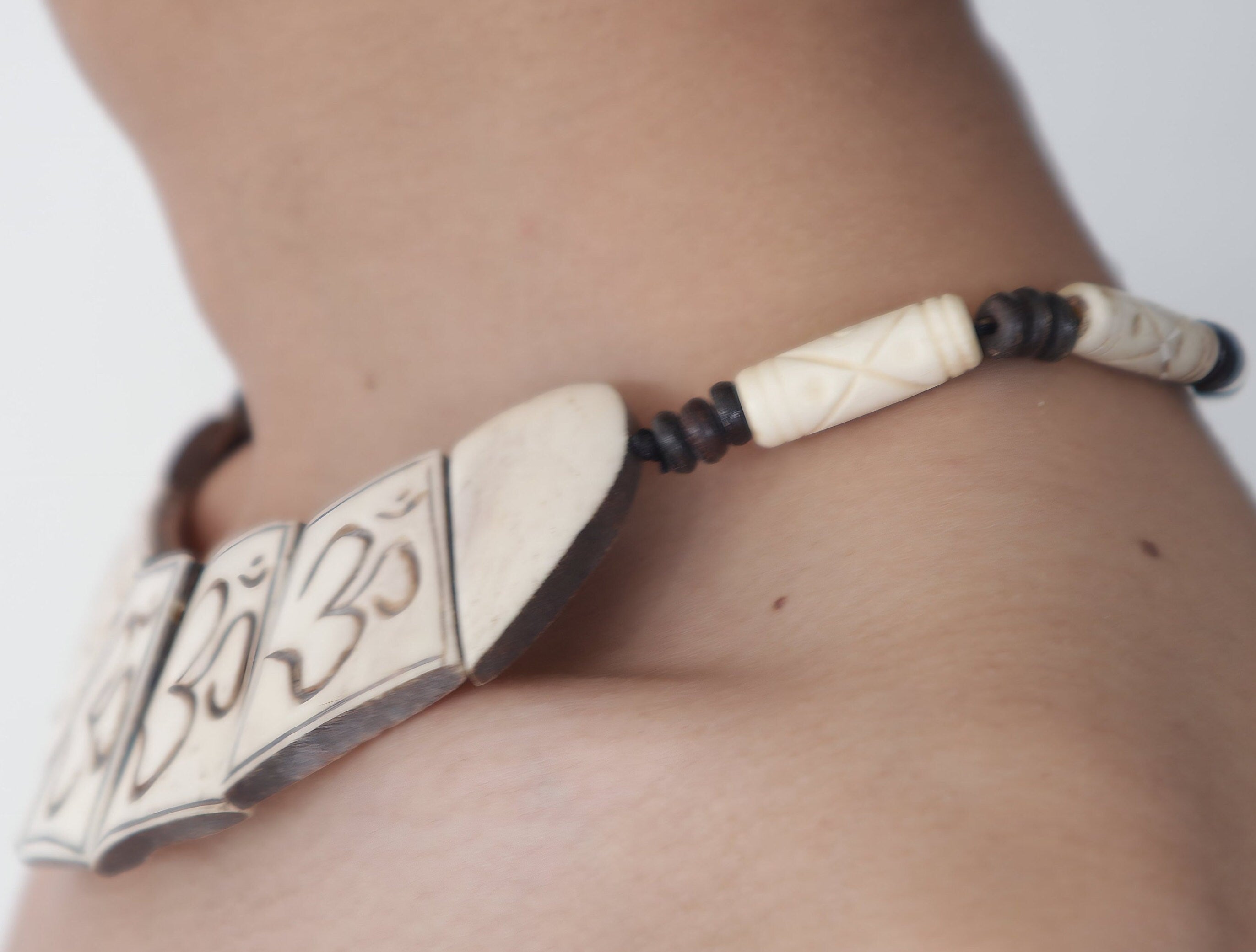 Boho Om Yak Bone Necklace and Bracelet Set: Artisan Bohemian Jewelry