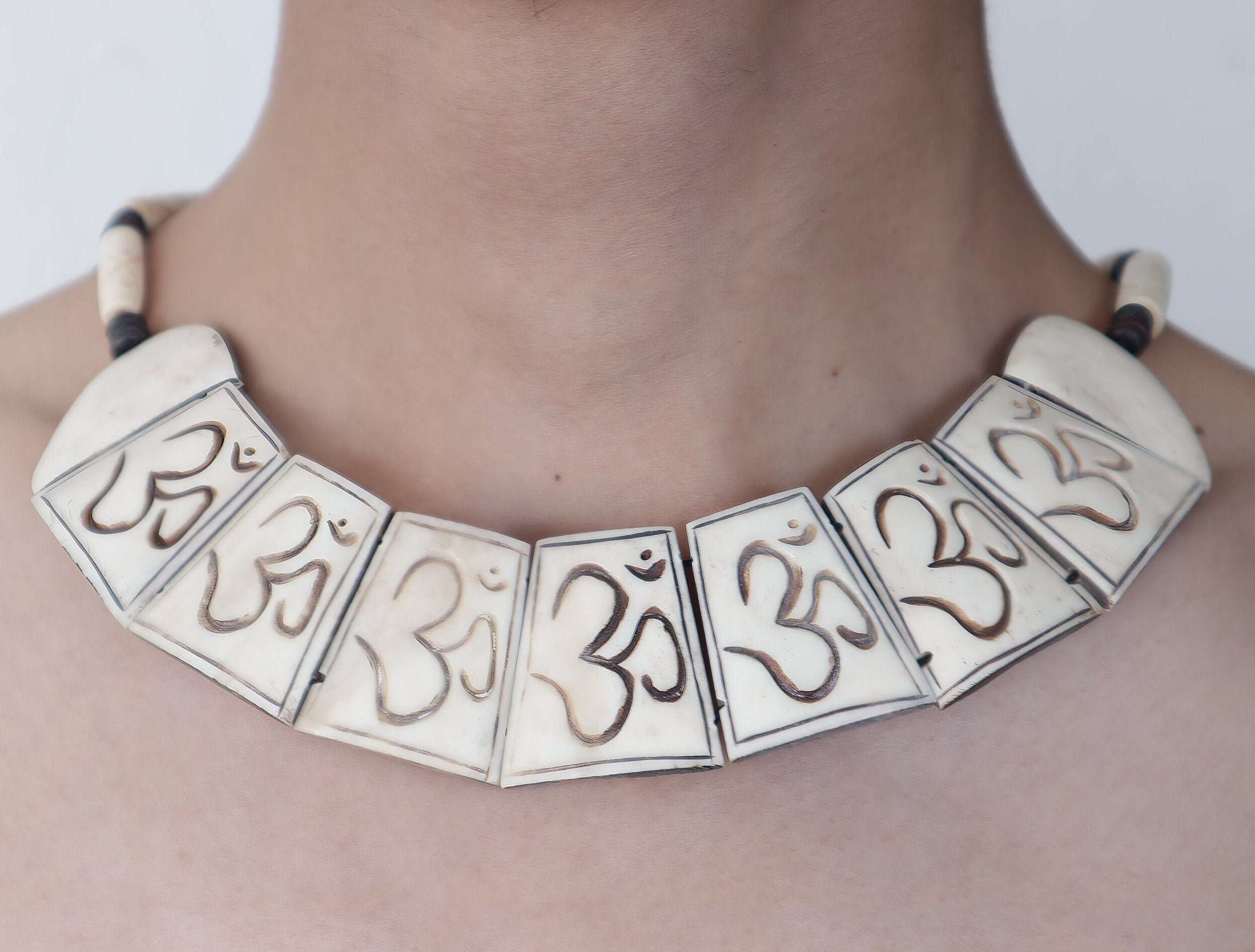 Boho Om Yak Bone Necklace and Bracelet Set: Artisan Bohemian Jewelry