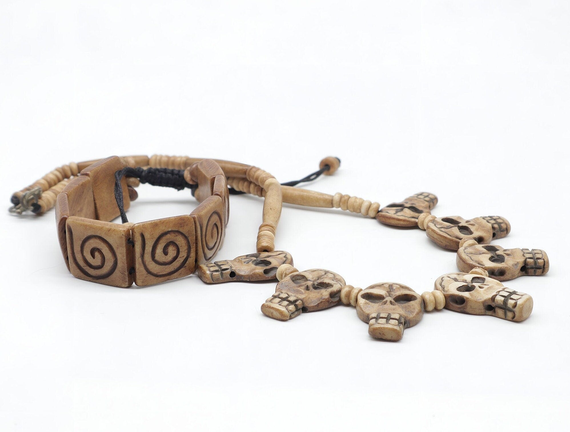 Handmade Bone Skull Choker & Bracelet Set: Spiritual Boho Gothic Jewelry