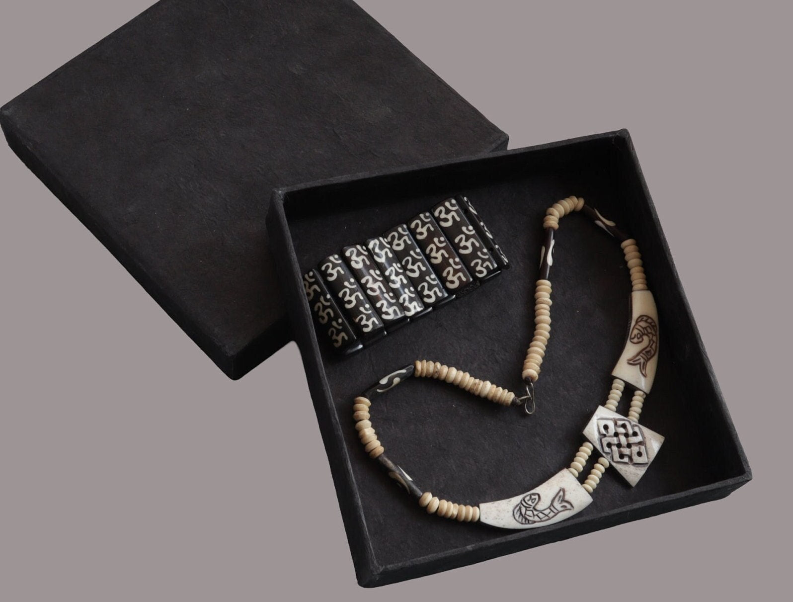 Tibetan Yak Bone Necklace Bracelet Set: Hand Carved Boho Jewelry