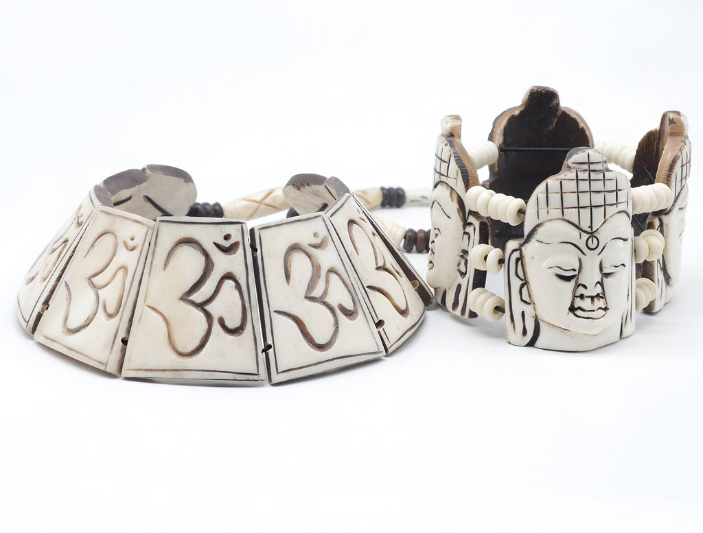 Boho Om Yak Bone Necklace and Bracelet Set: Artisan Bohemian Jewelry
