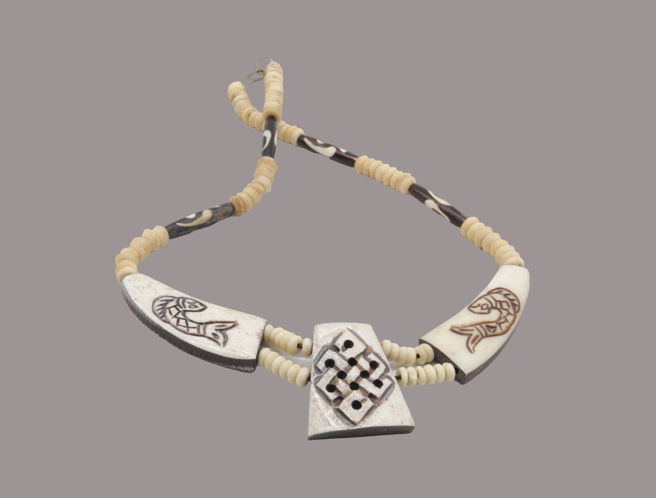Tibetan Yak Bone Necklace Bracelet Set: Hand Carved Boho Jewelry
