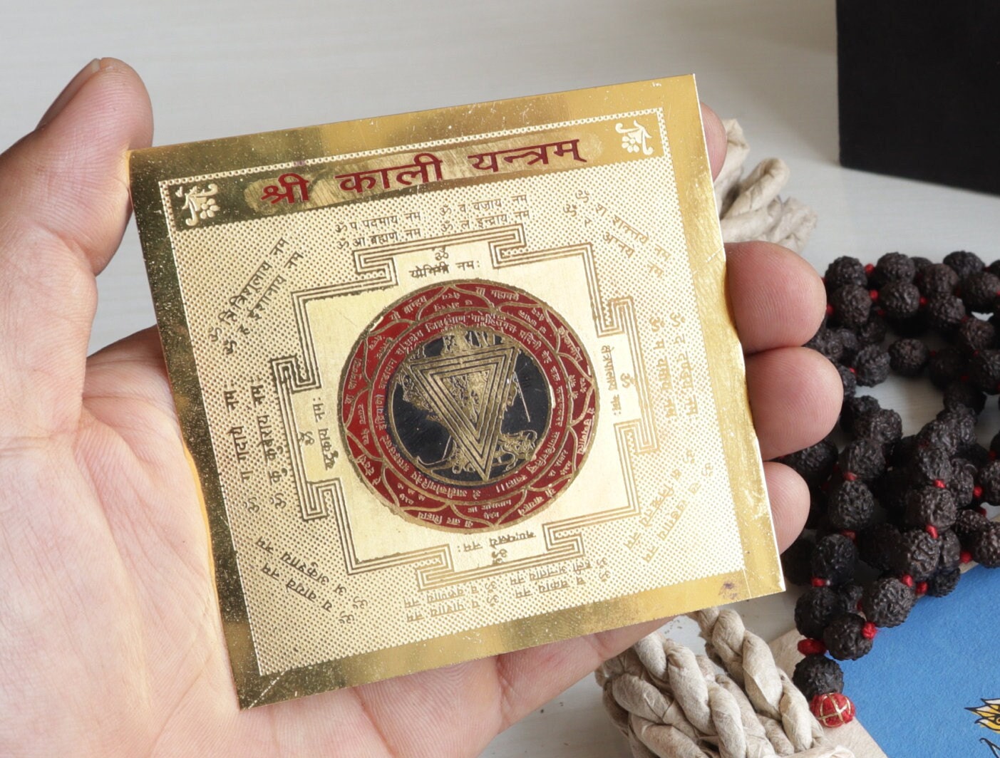 Om Kali Sacred Gift Box: Brass Statue, Rudraksha Rosary, Skull Necklace