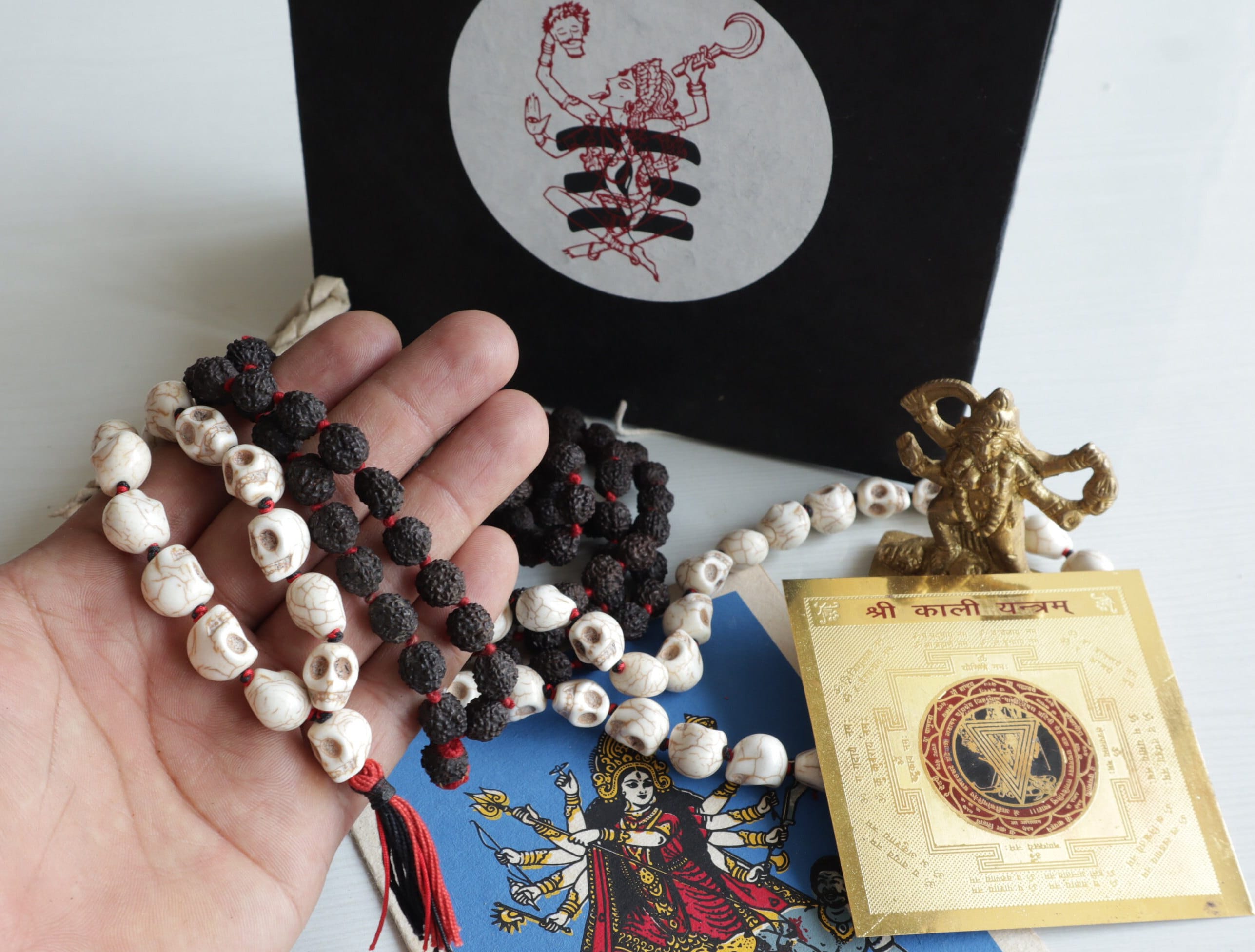 Om Kali Sacred Gift Box: Brass Statue, Rudraksha Rosary, Skull Necklace