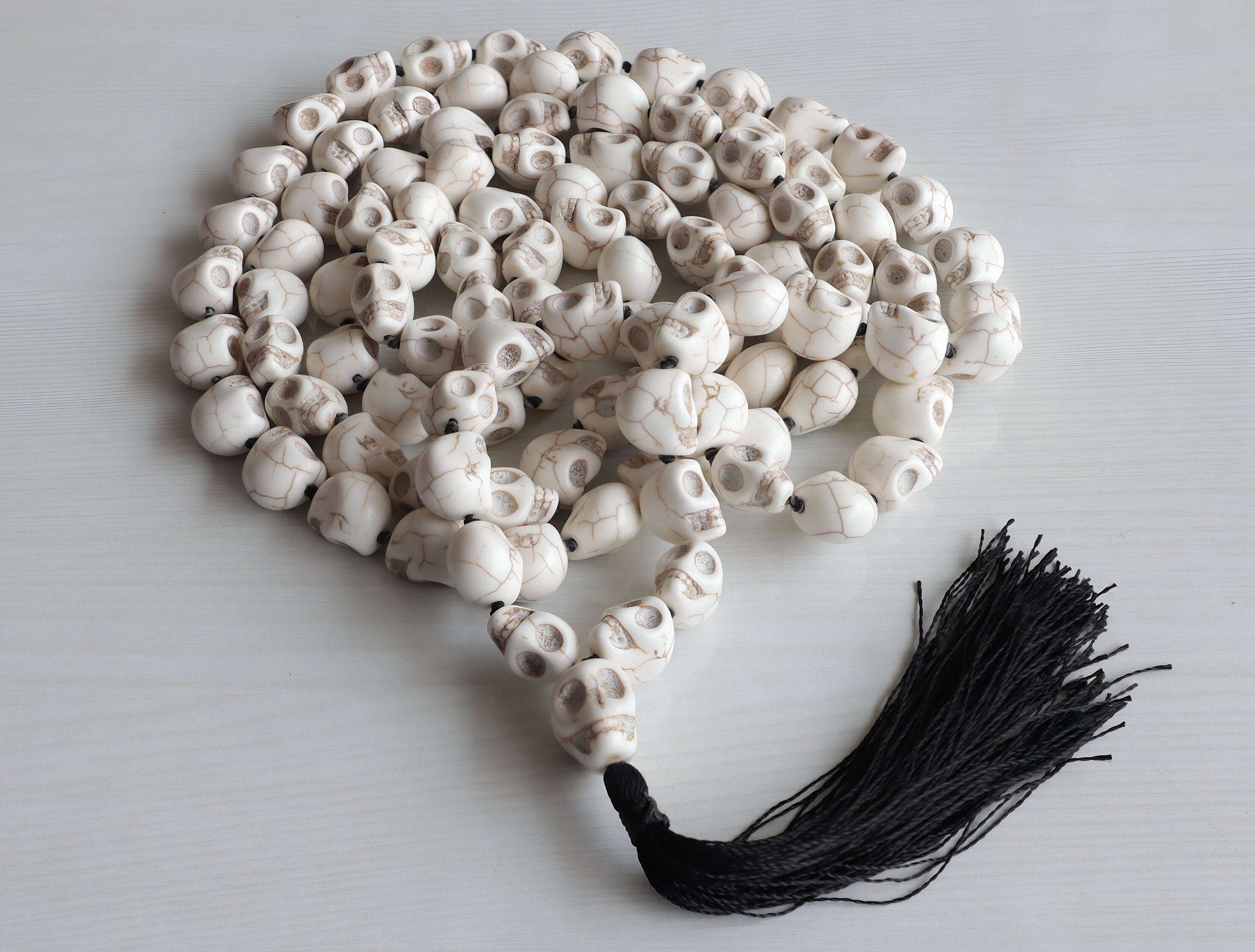 Ma Kali Skull Mala Necklace: 108+1 Natural Howlite Beads, Spiritual Rosary