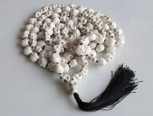 Handmade skull mala prayer beads with a black tassel