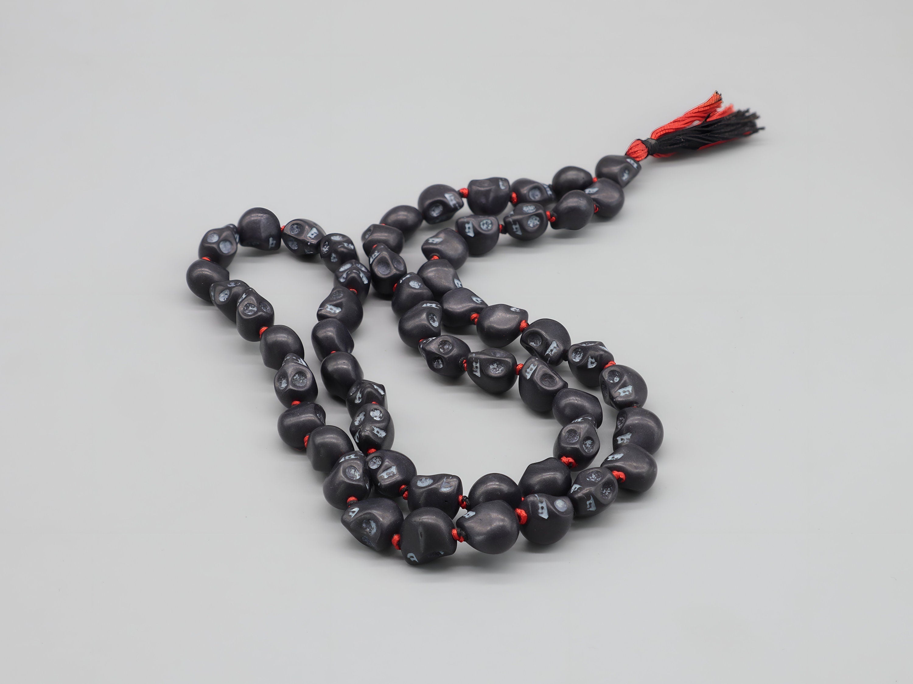 Creation And Destruction : Sacred Black Kali Skull Necklace, Kali Mala Protection 54+1 Howlite Beads