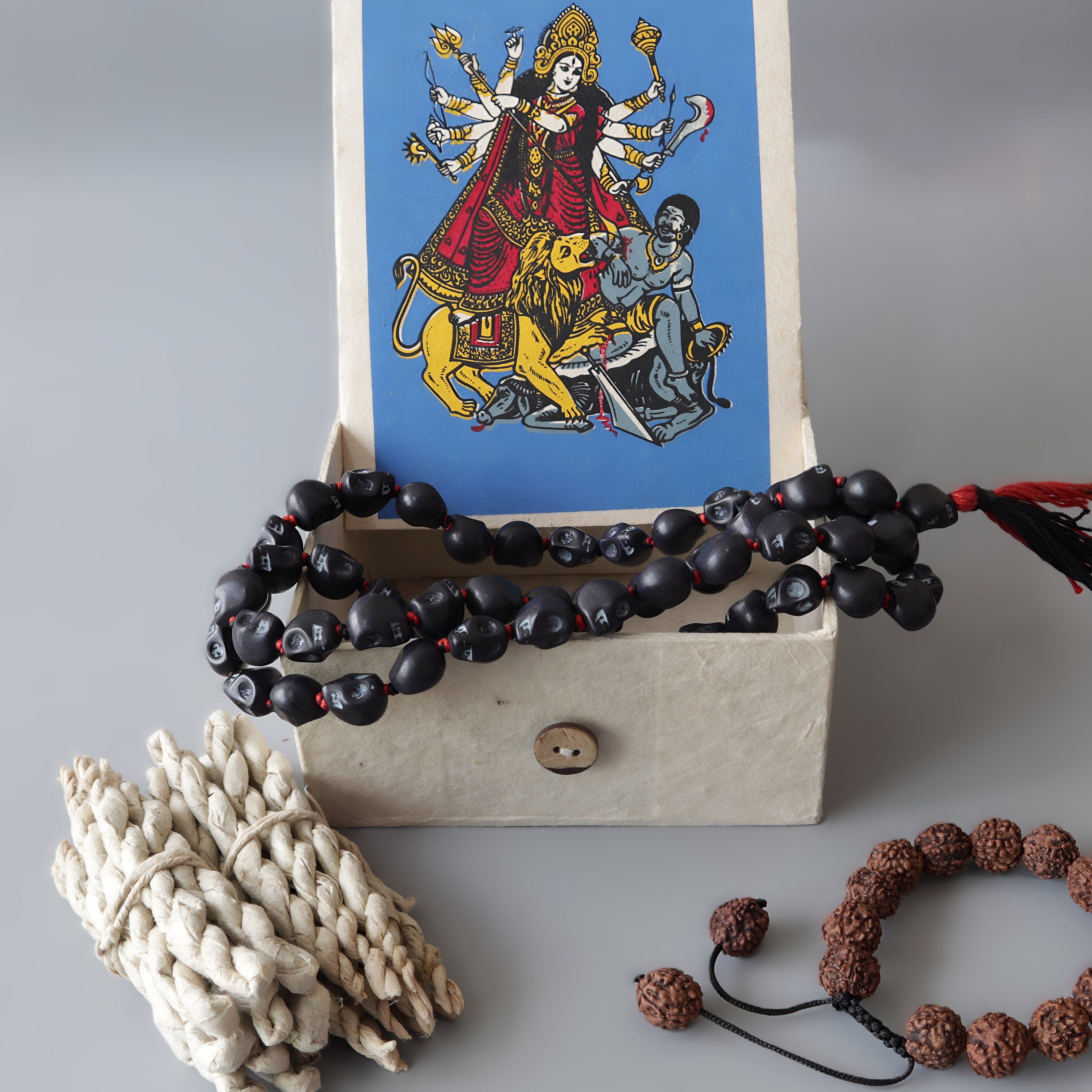 Creation And Destruction : Sacred Black Kali Skull Necklace, Kali Mala Protection 54+1 Howlite Beads