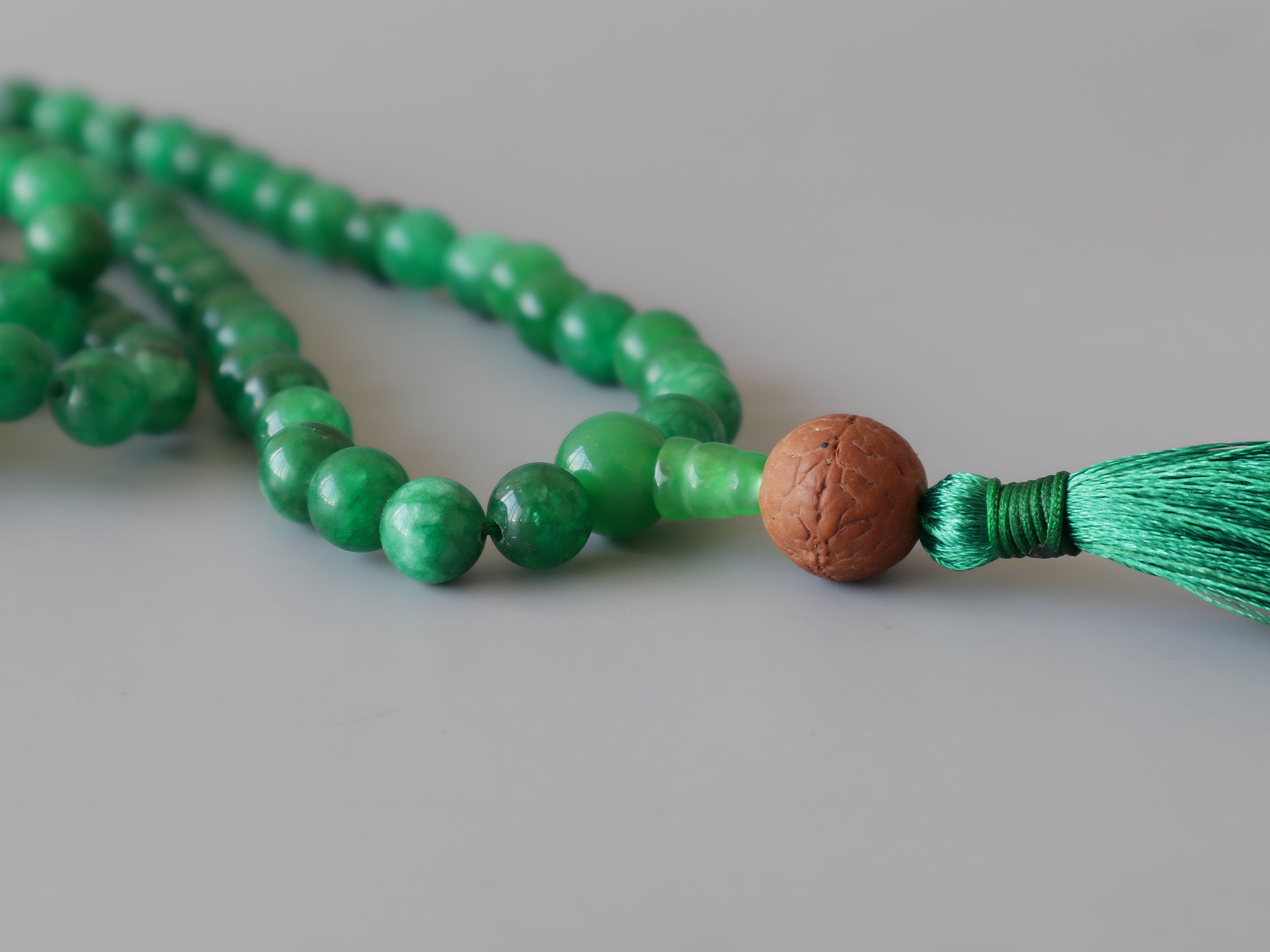 Green Jade Mala Necklace: 108 Prayer Beads, Handmade in Nepal