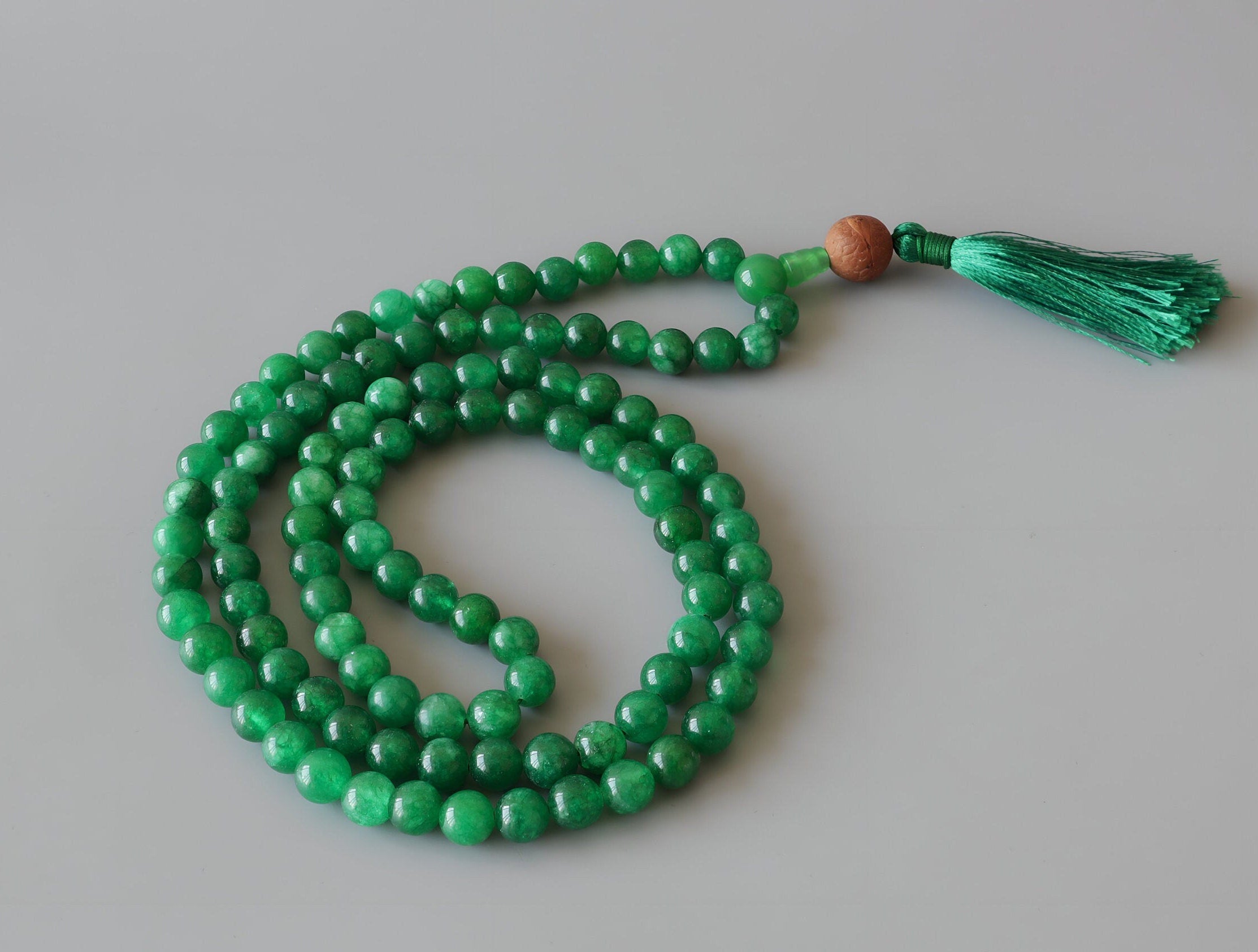 Green Jade Mala Necklace: 108 Prayer Beads, Handmade in Nepal