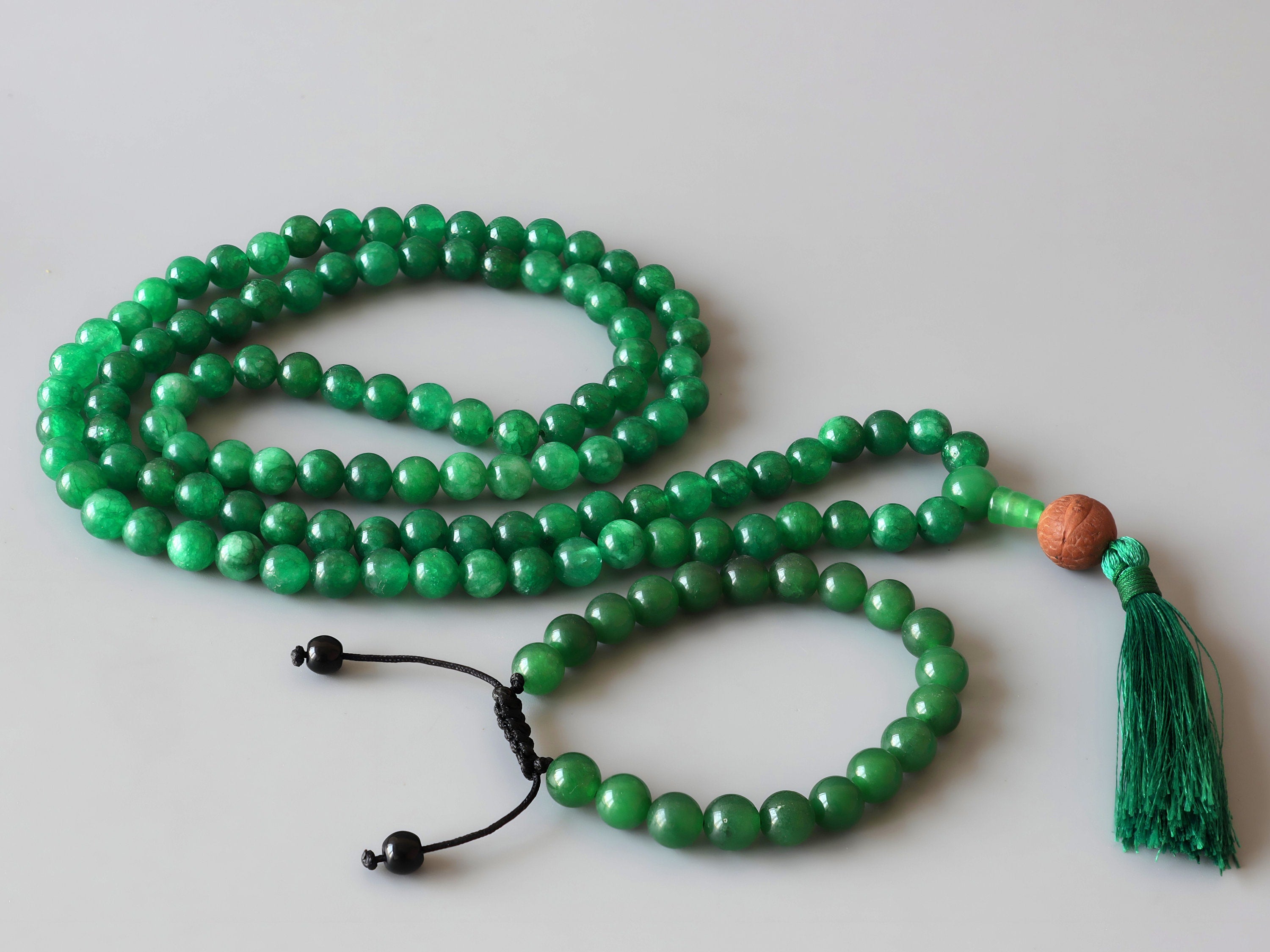 Green Jade Mala Necklace: 108 Prayer Beads, Handmade in Nepal