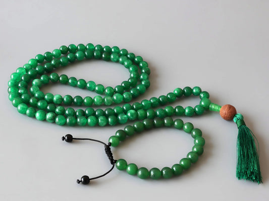Om Kleem Kali Green Jade Bodhi Mala with 108 Tibetan prayer beads and green tassel