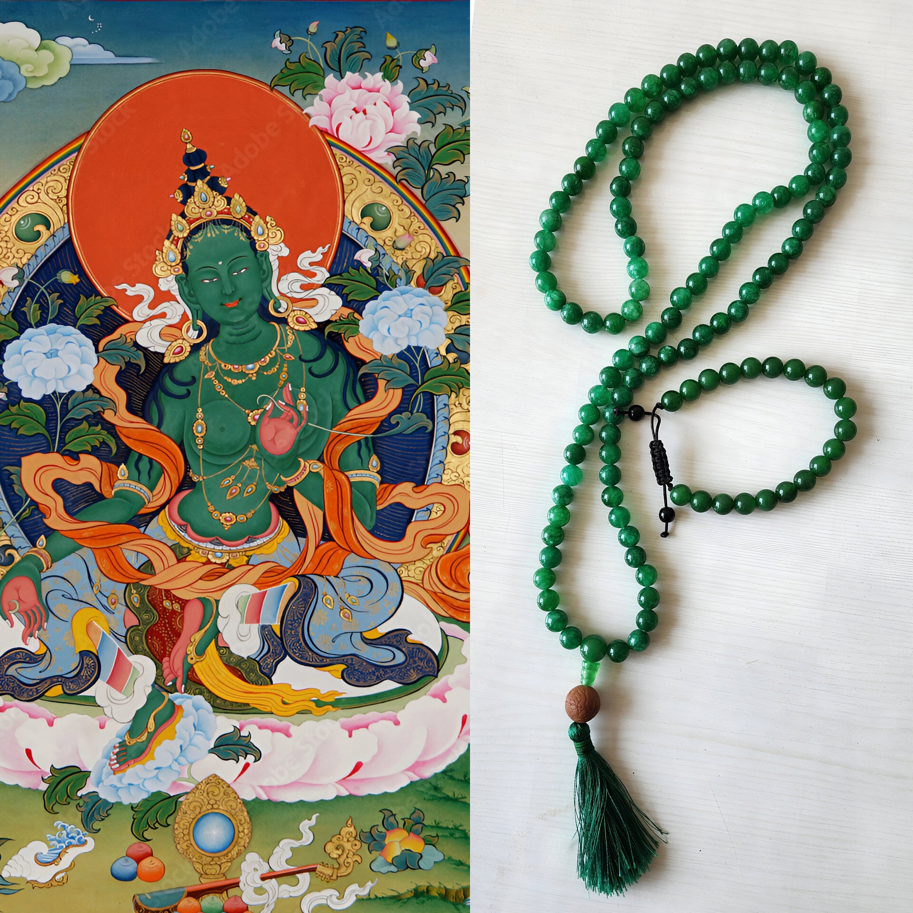 Green Jade Mala Necklace: 108 Prayer Beads, Handmade in Nepal