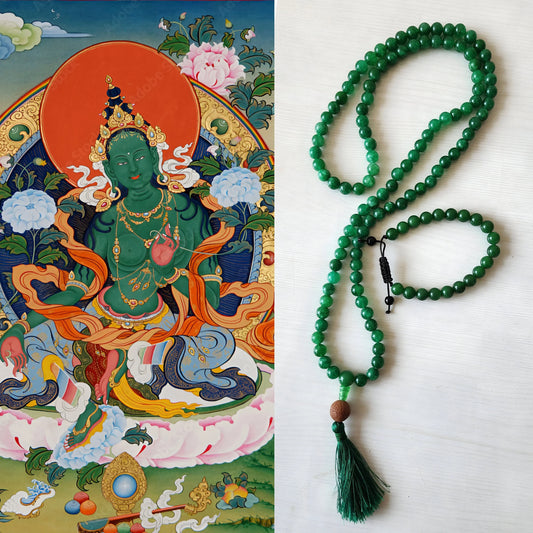 Om Kleem Kali Green Jade Bodhi Mala with 108 Tibetan prayer beads and green tassel