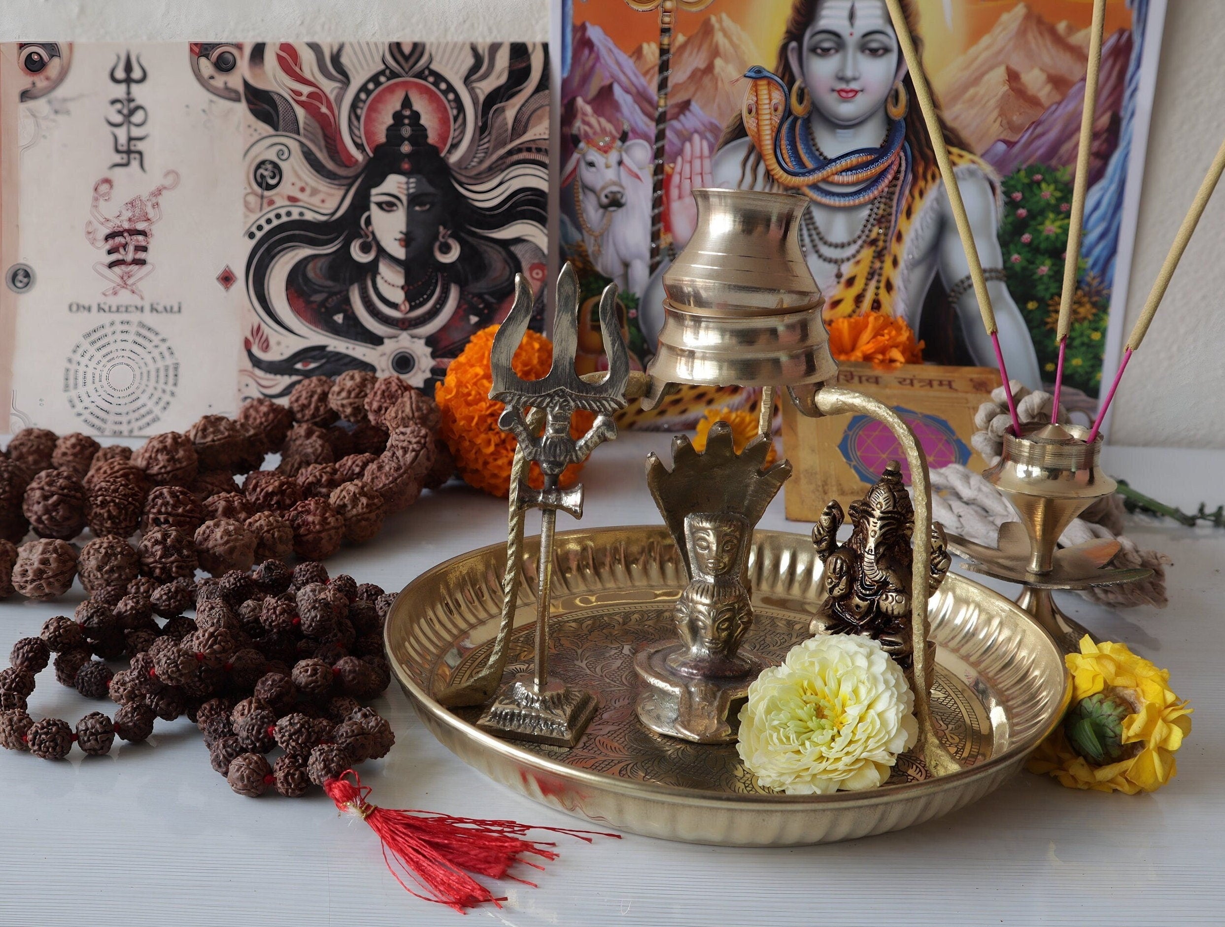 Lord Shiva Divine Puja Set: Brass Idol, Rudraksha Mala, Trishul & Yantra