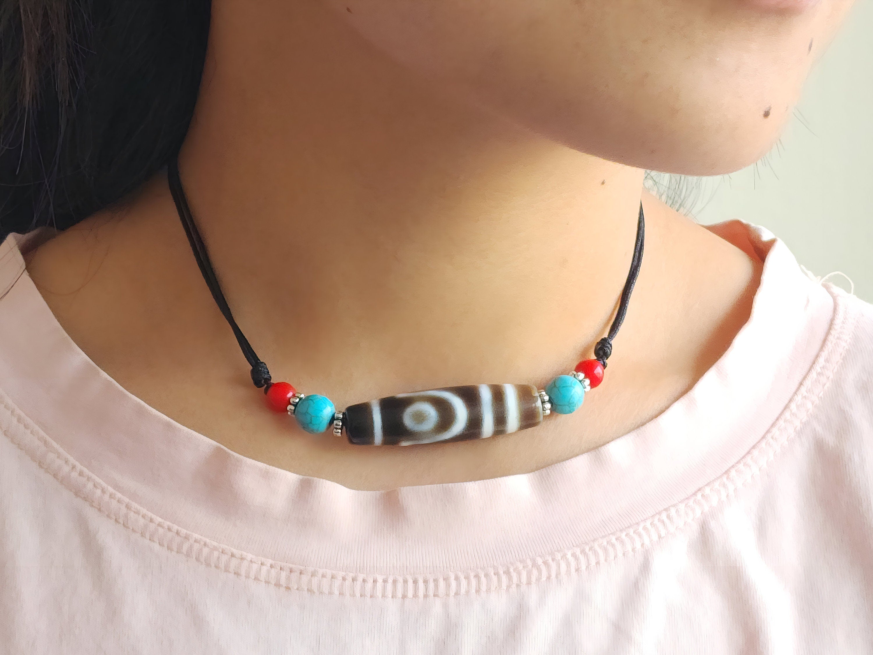 Tibetan Agate Dzi Bead Pendant: Sacred Amulet Necklace