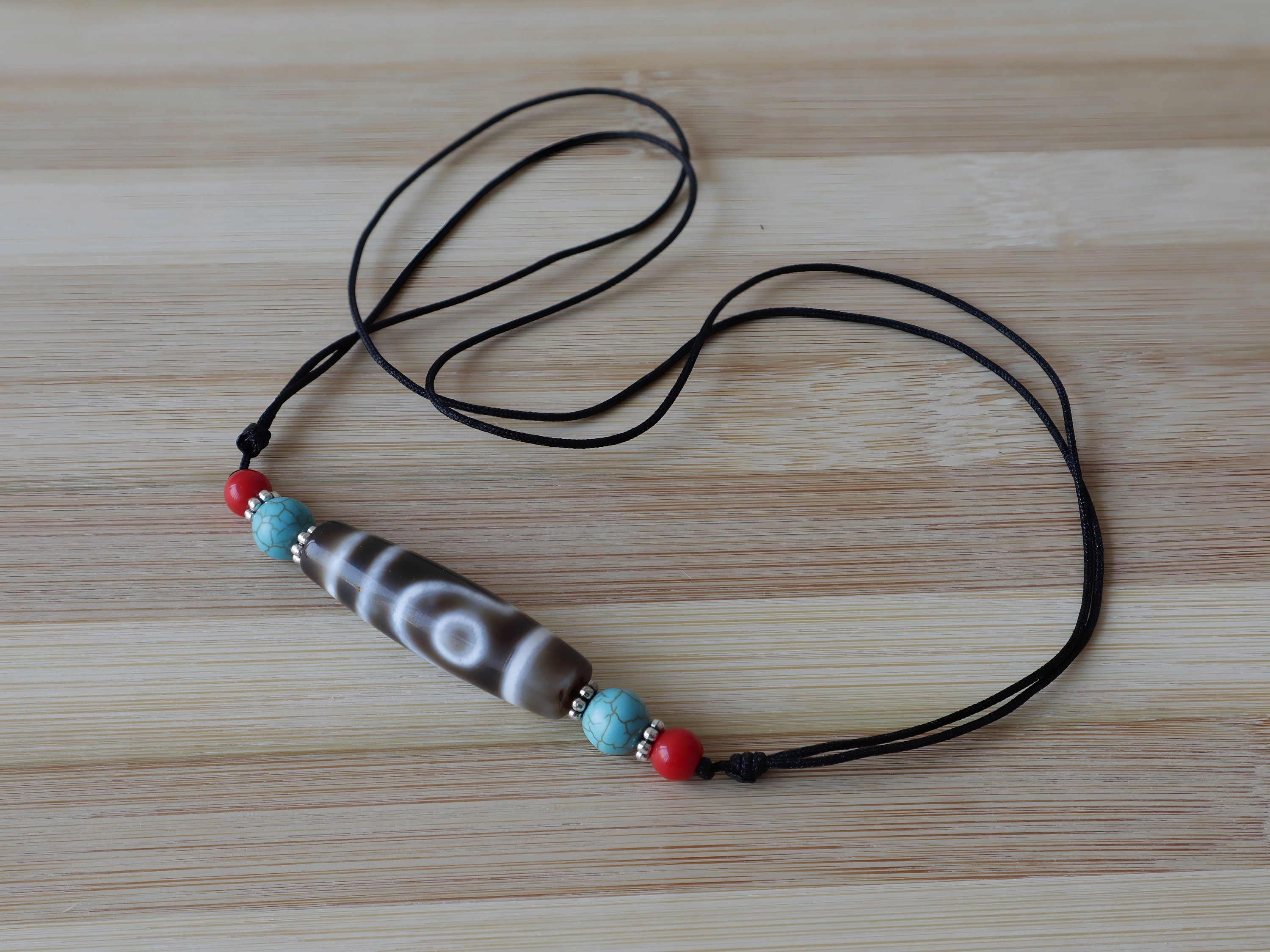 Tibetan Agate Dzi Bead Pendant: Sacred Amulet Necklace