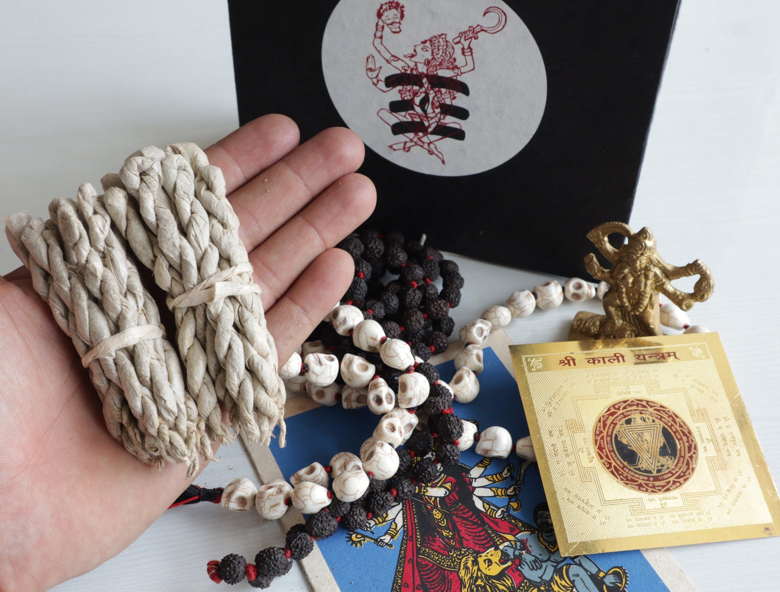 Om Kali Sacred Gift Box: Brass Statue, Rudraksha Rosary, Skull Necklace