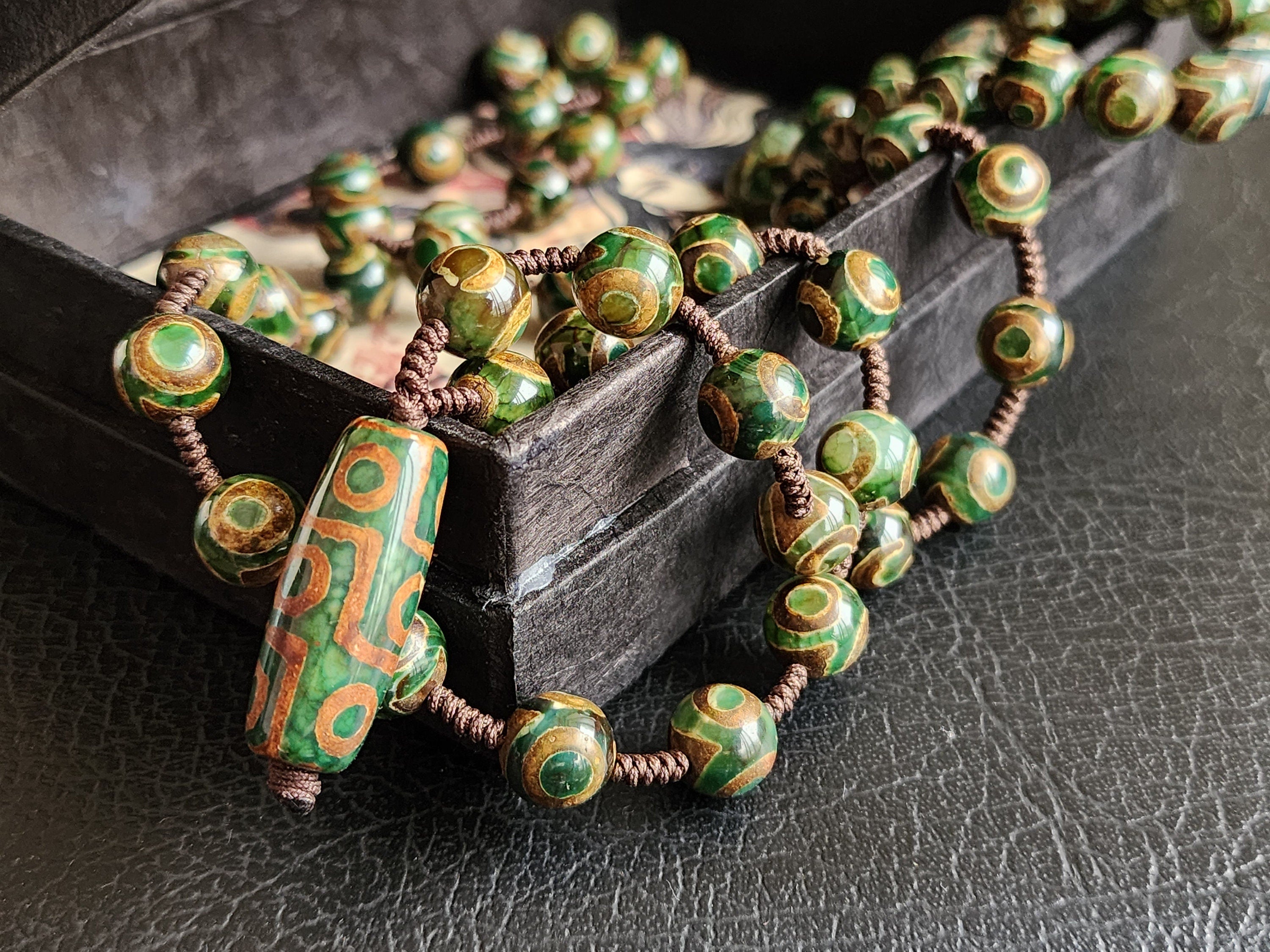 Tibetan 9 Eye Dzi Agate Necklace: Yin Yang Protection Mala, Spiritual Well-Being